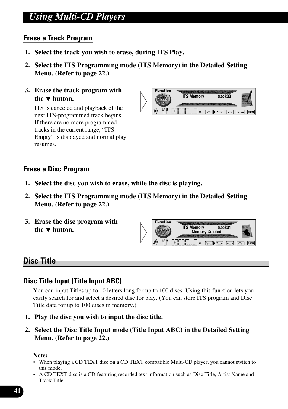 Erase a track program, Erase a disc program, Disc title | Disc title input (title input abc), Using multi-cd players | Pioneer MEH-P9100R User Manual | Page 42 / 164