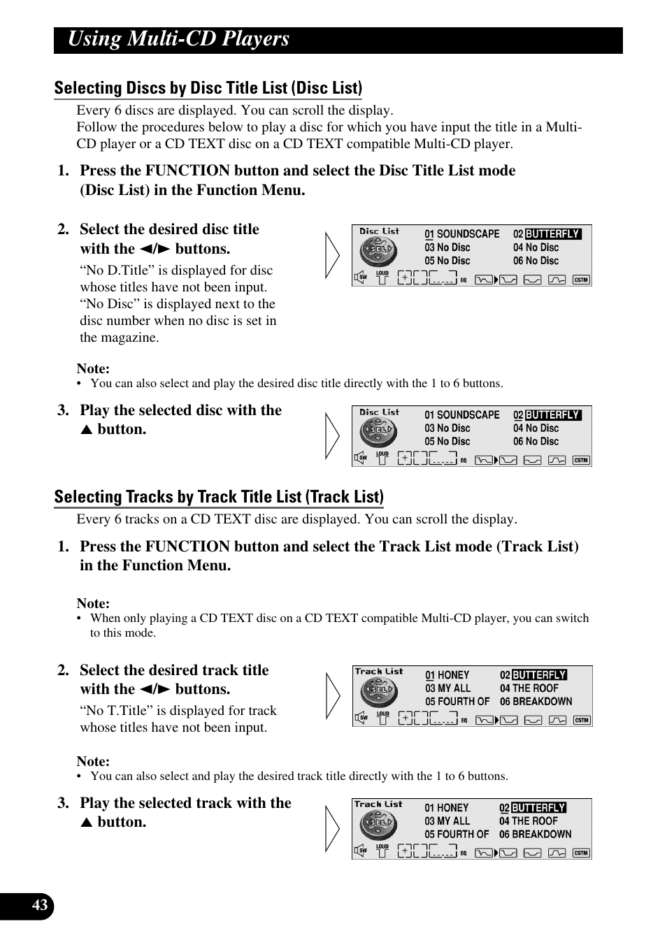 Selecting discs by disc title list (disc list), Selecting tracks by track title list (track list), Using multi-cd players | Pioneer MEH-P9100R User Manual | Page 44 / 164