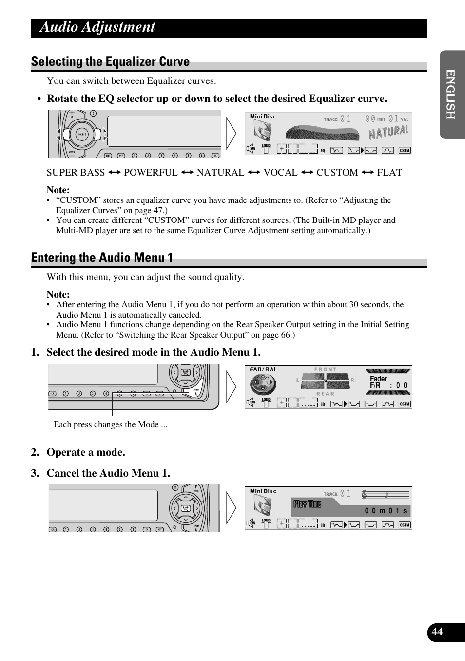 Audio adjustment, Selecting the equalizer curve, Entering the audio menu 1 | Pioneer MEH-P9100R User Manual | Page 45 / 164