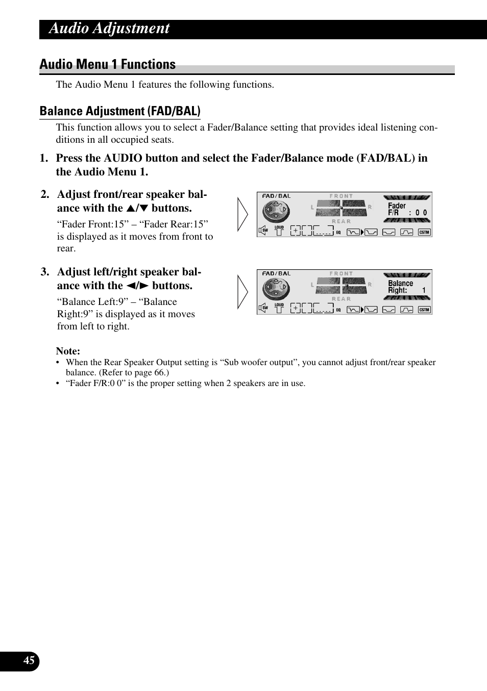 Audio menu 1 functions, Balance adjustment (fad/bal), Audio adjustment | Pioneer MEH-P9100R User Manual | Page 46 / 164