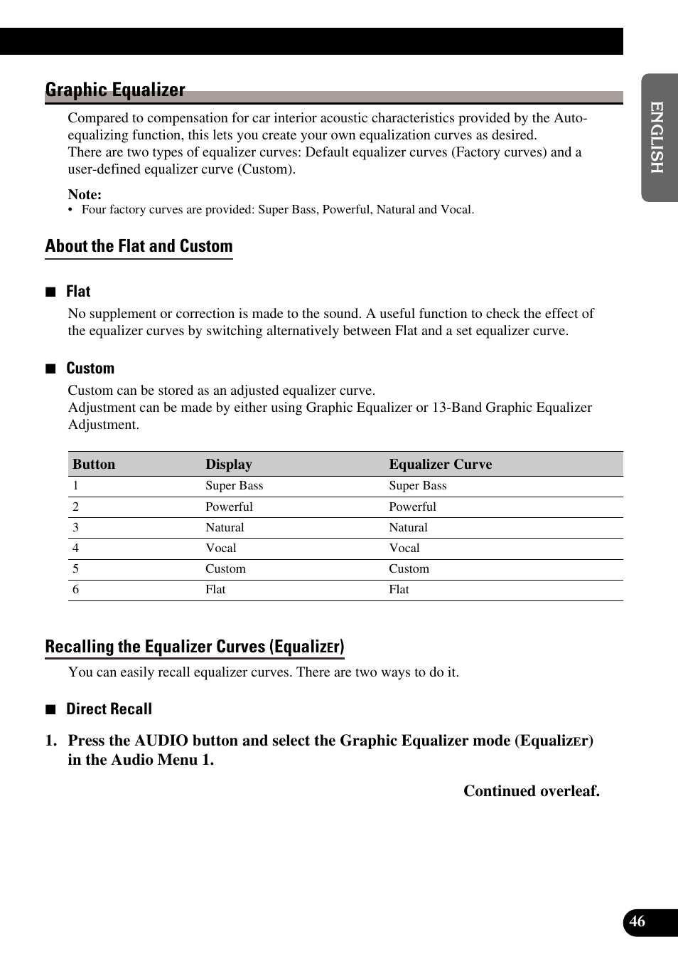 Graphic equalizer, About the flat and custom, Recalling the equalizer curves (equaliz | Pioneer MEH-P9100R User Manual | Page 47 / 164