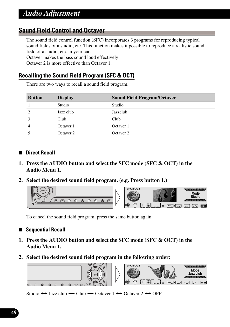 Sound field control and octaver, Recalling the sound field program (sfc & oct), Audio adjustment | Pioneer MEH-P9100R User Manual | Page 50 / 164