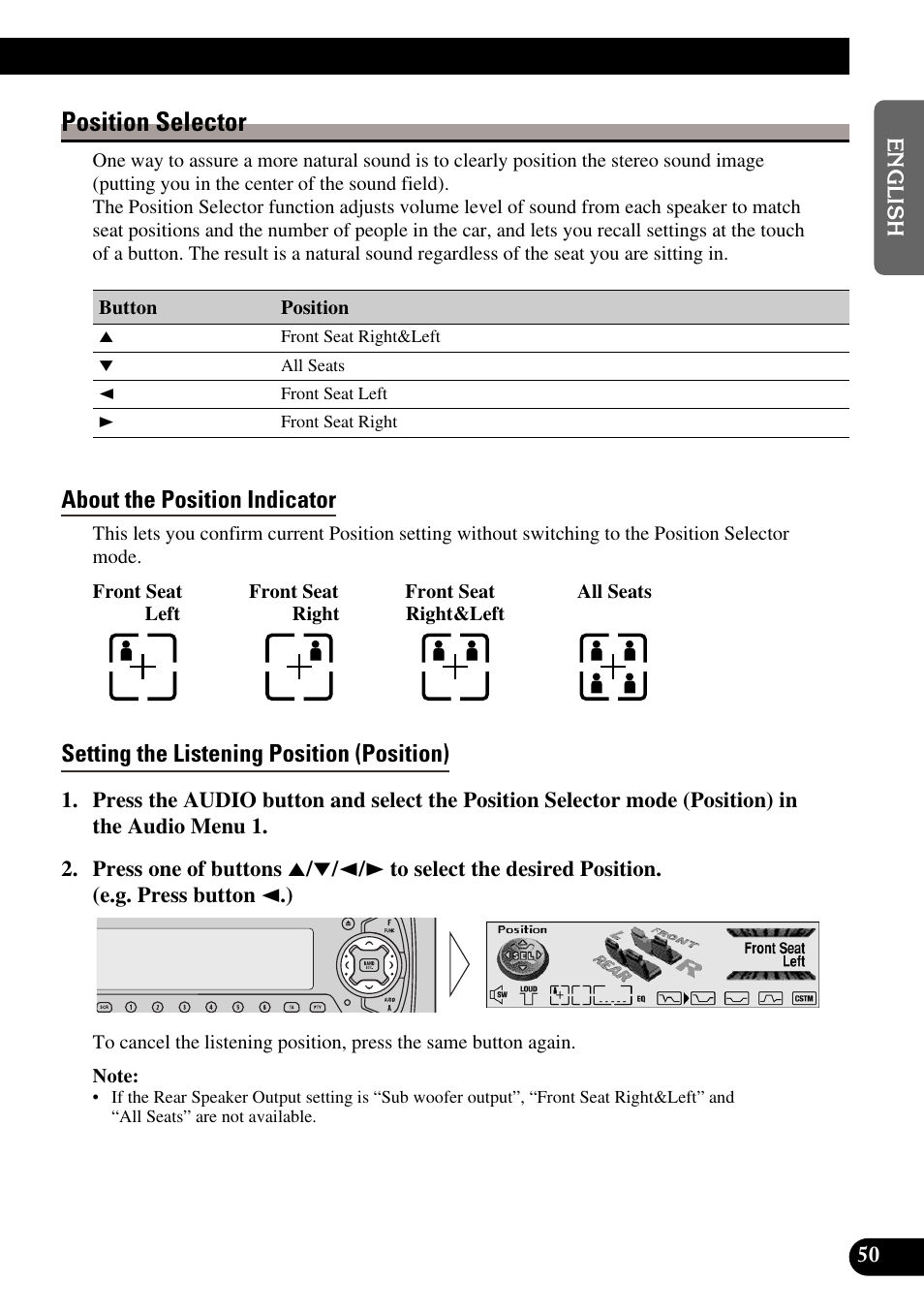 Position selector, About the position indicator, Setting the listening position (position) | Pioneer MEH-P9100R User Manual | Page 51 / 164