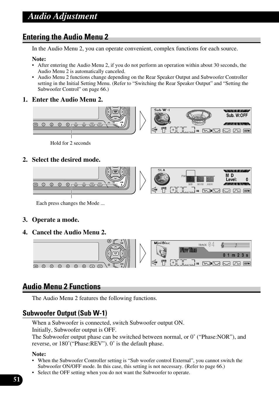 Entering the audio menu 2 audio menu 2 functions, Subwoofer output (sub w-1), Audio adjustment | Entering the audio menu 2, Audio menu 2 functions | Pioneer MEH-P9100R User Manual | Page 52 / 164