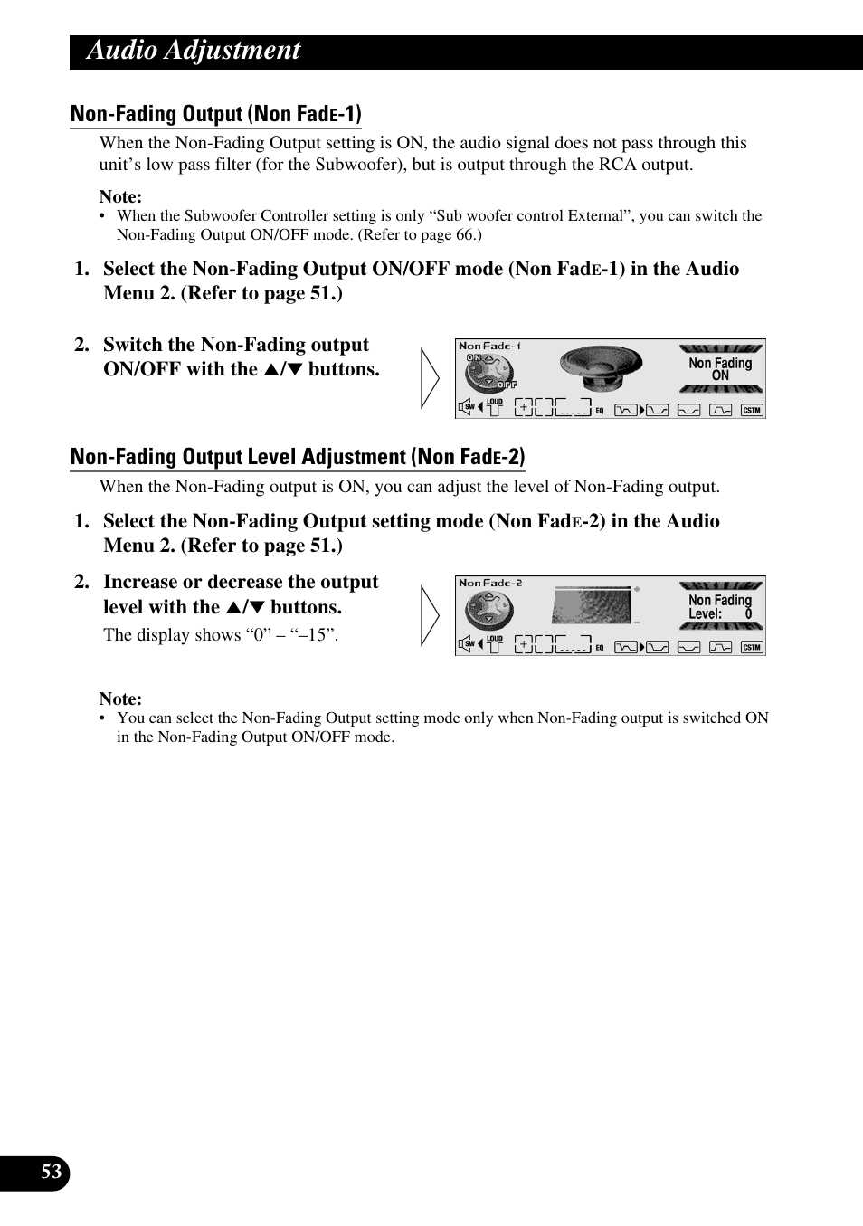 Non-fading output (non fad, Non-fading output level adjustment (non fad, Audio adjustment | Pioneer MEH-P9100R User Manual | Page 54 / 164
