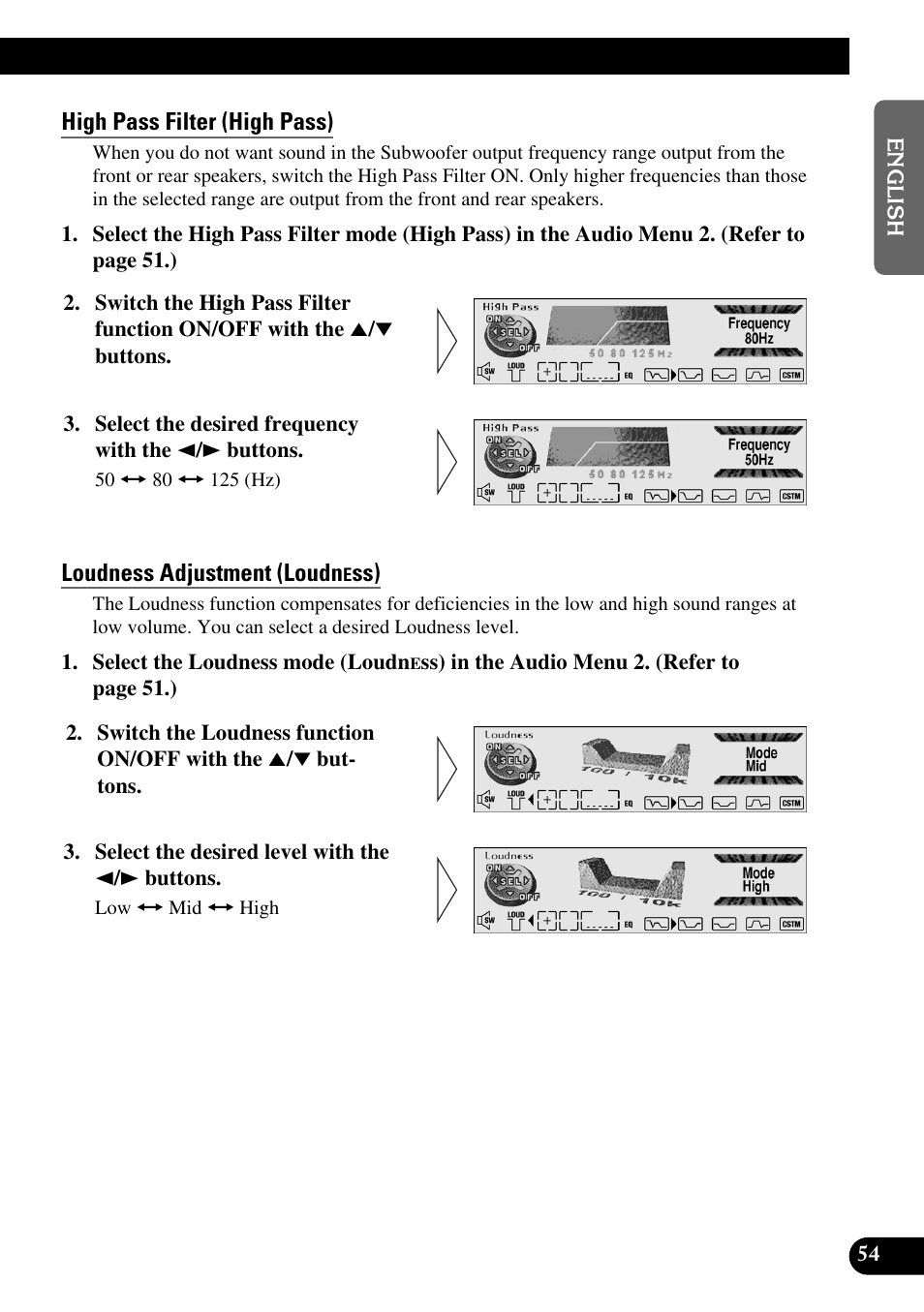High pass filter (high pass), Loudness adjustment (loudn | Pioneer MEH-P9100R User Manual | Page 55 / 164