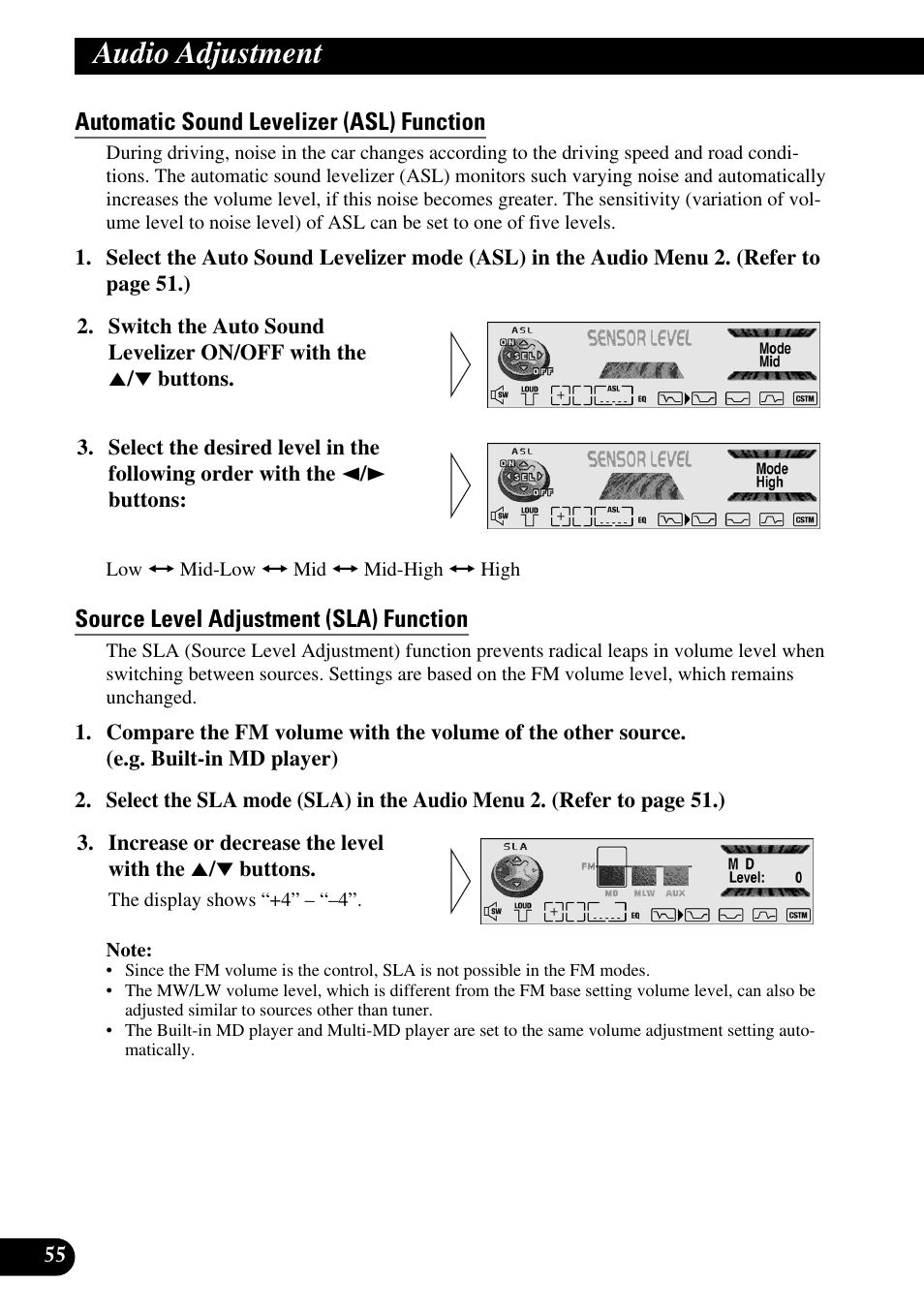 Automatic sound levelizer (asl) function, Source level adjustment (sla) function, Audio adjustment | Pioneer MEH-P9100R User Manual | Page 56 / 164