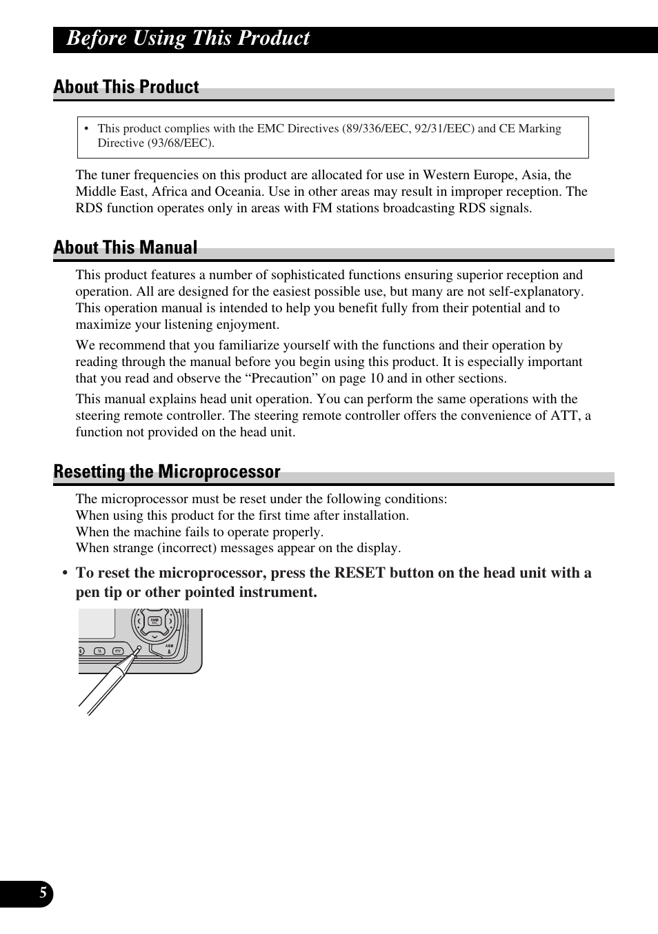 Before using this product, About this product, About this manual | Resetting the microprocessor | Pioneer MEH-P9100R User Manual | Page 6 / 164