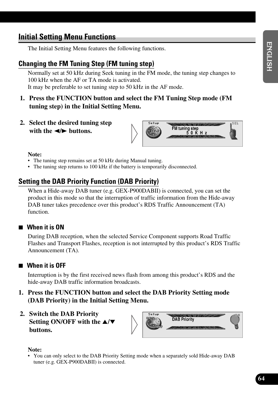 Initial setting menu functions, Changing the fm tuning step (fm tuning step), Setting the dab priority function (dab priority) | Pioneer MEH-P9100R User Manual | Page 65 / 164