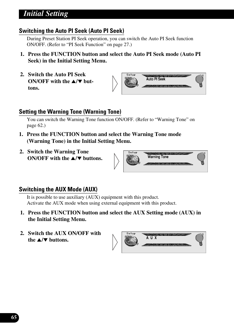 Switching the auto pi seek (auto pi seek), Setting the warning tone (warning tone), Switching the aux mode (aux) | Initial setting | Pioneer MEH-P9100R User Manual | Page 66 / 164