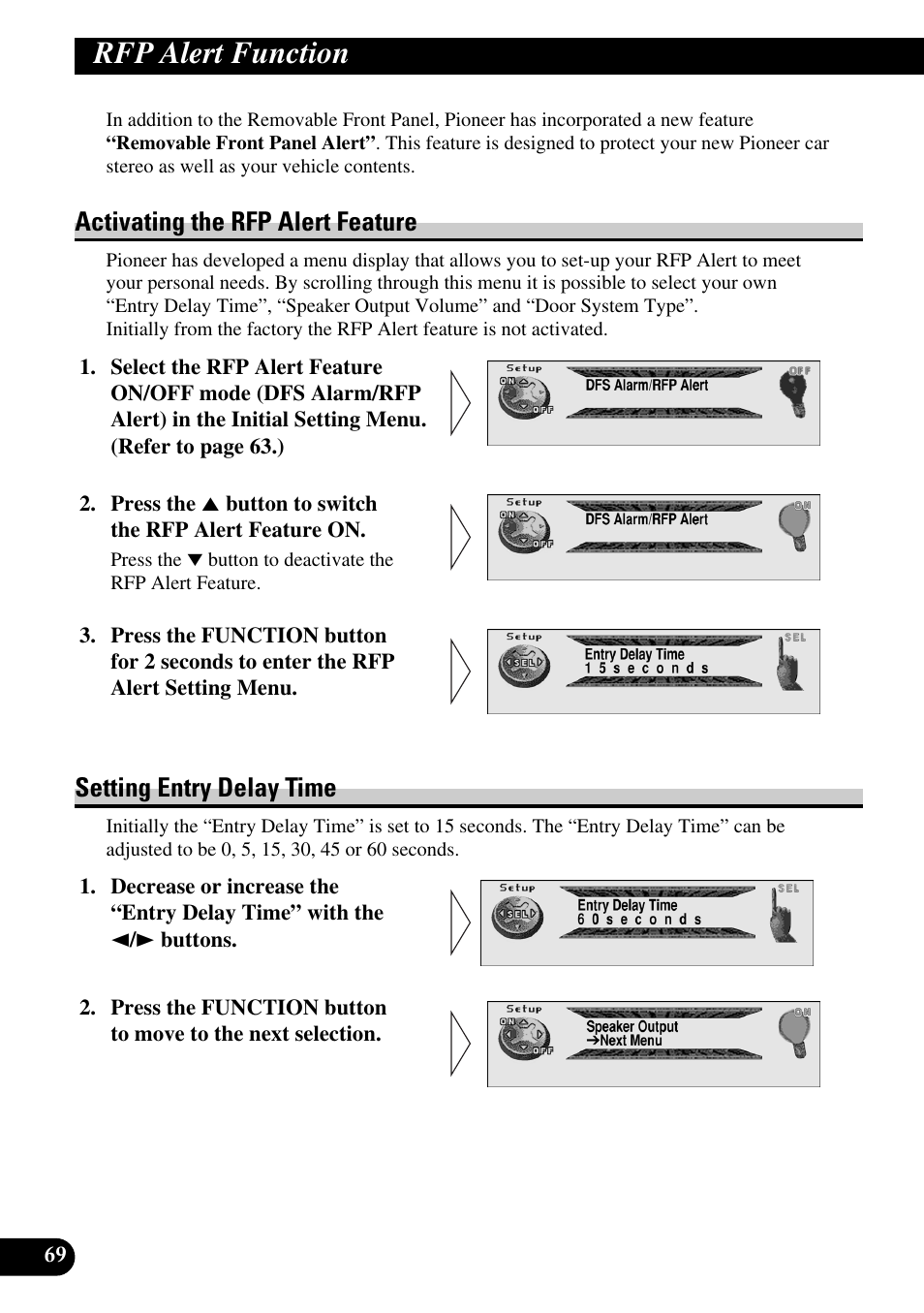 Rfp alert function, Activating the rfp alert feature, Setting entry delay time | Pioneer MEH-P9100R User Manual | Page 70 / 164