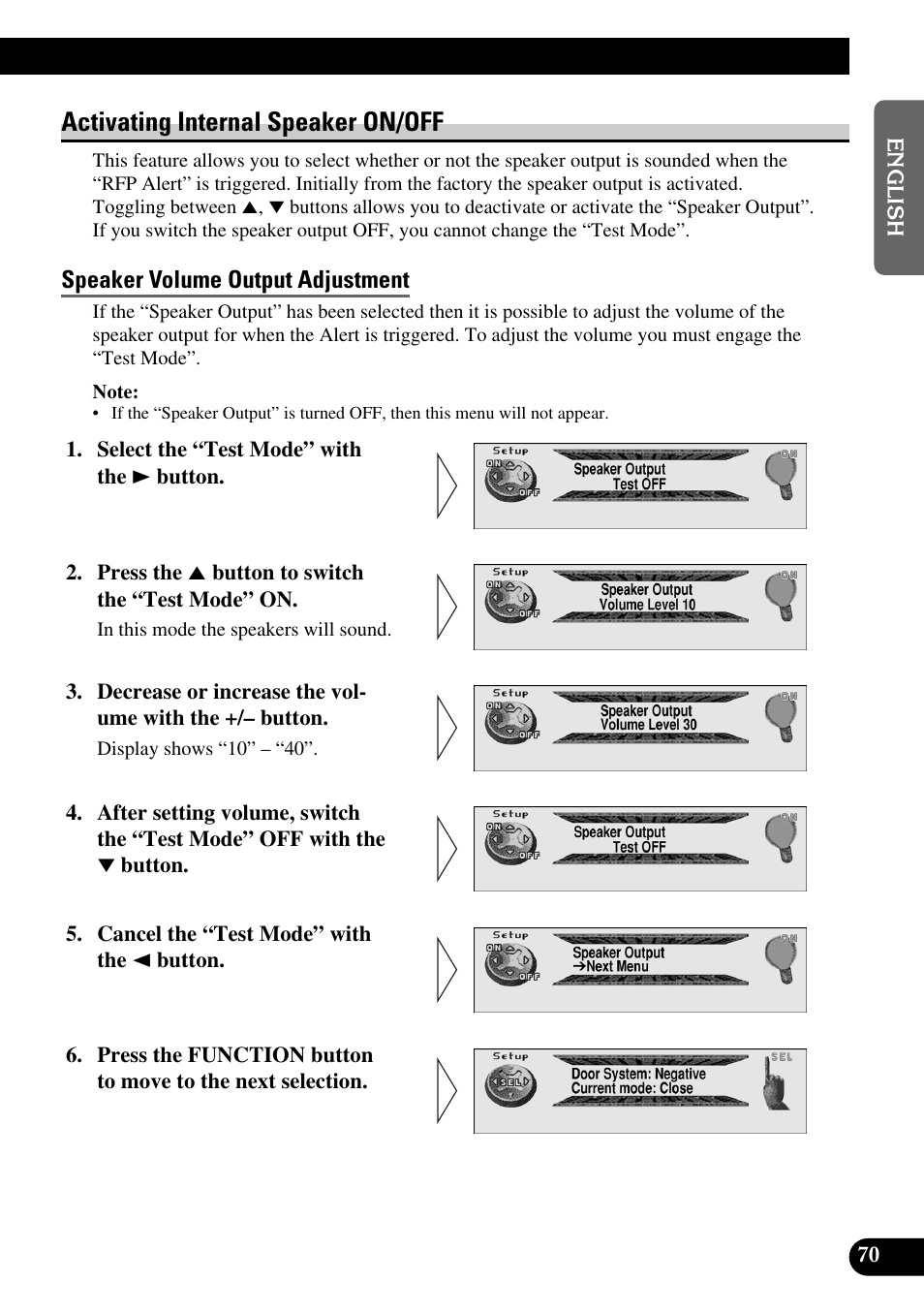 Activating internal speaker on/off, Speaker volume output adjustment | Pioneer MEH-P9100R User Manual | Page 71 / 164