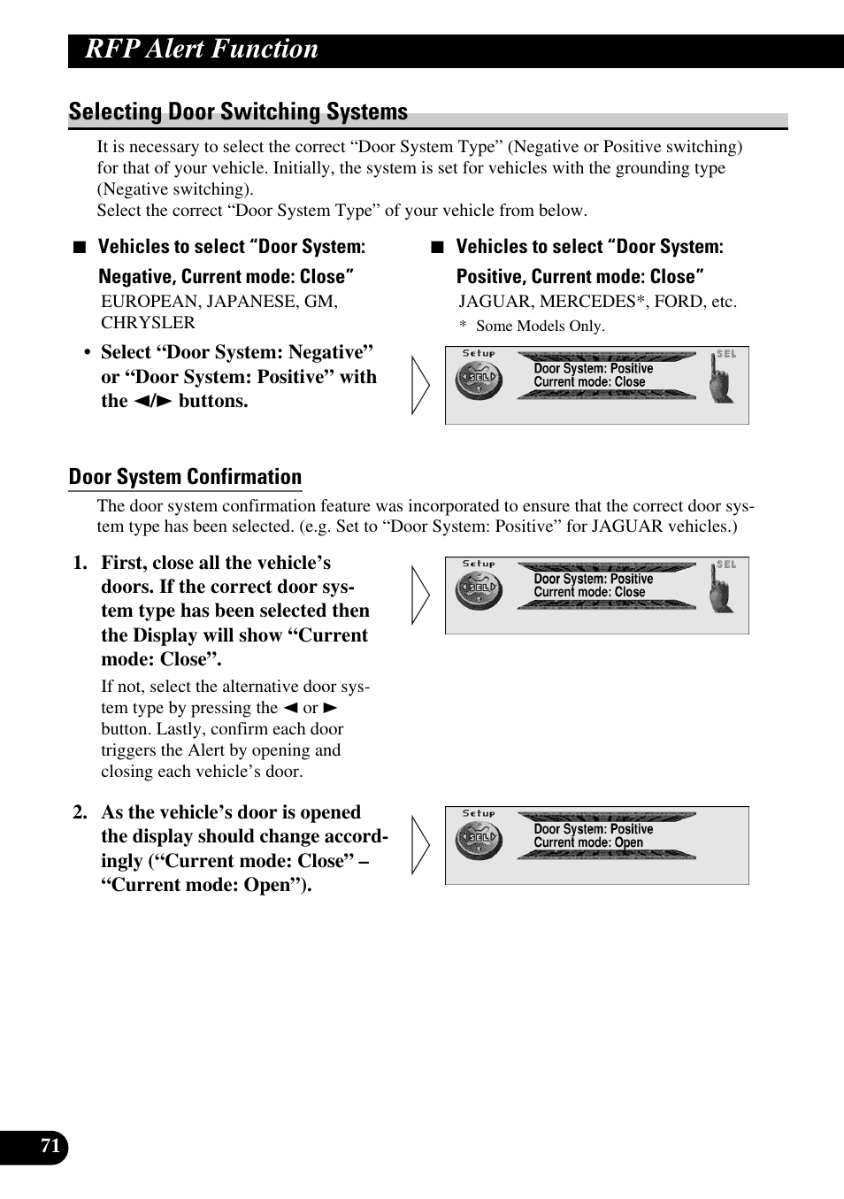 Selecting door switching systems, Door system confirmation, Rfp alert function | Pioneer MEH-P9100R User Manual | Page 72 / 164