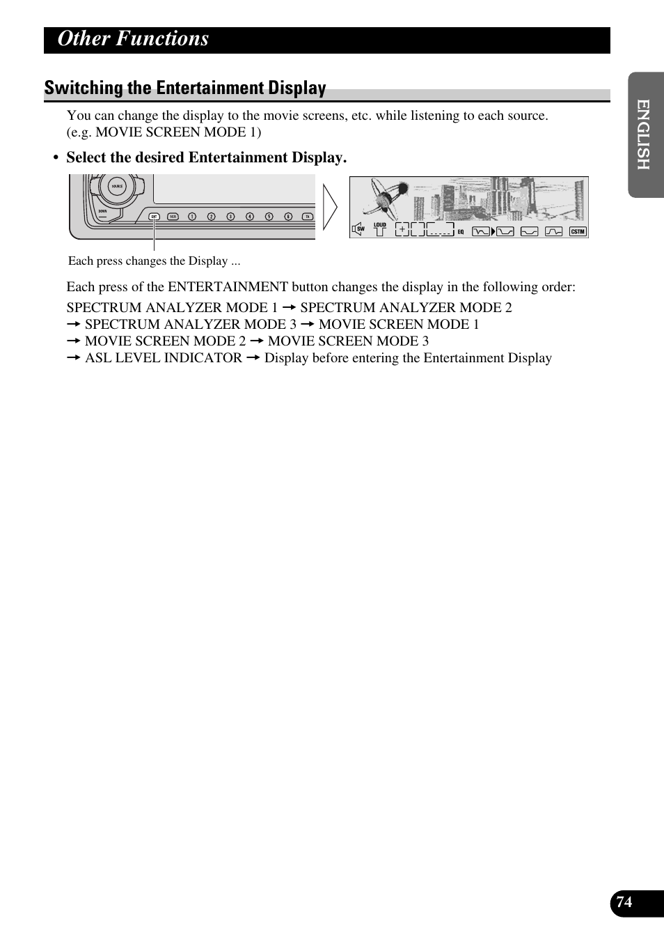 Other functions, Switching the entertainment display, A title (english) | Pioneer MEH-P9100R User Manual | Page 75 / 164