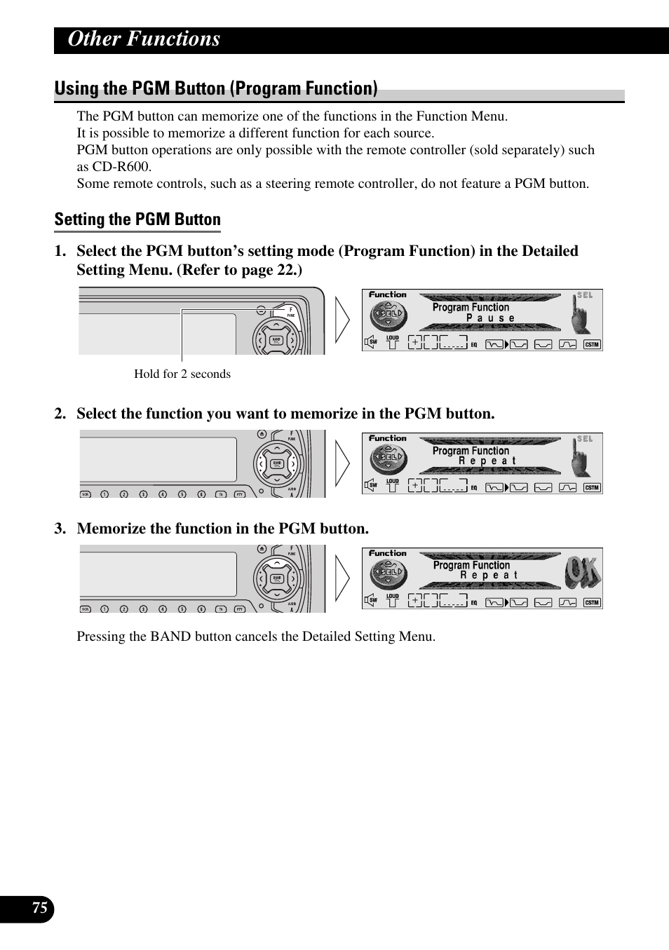 Using the pgm button (program function), Setting the pgm button, Other functions | Pioneer MEH-P9100R User Manual | Page 76 / 164