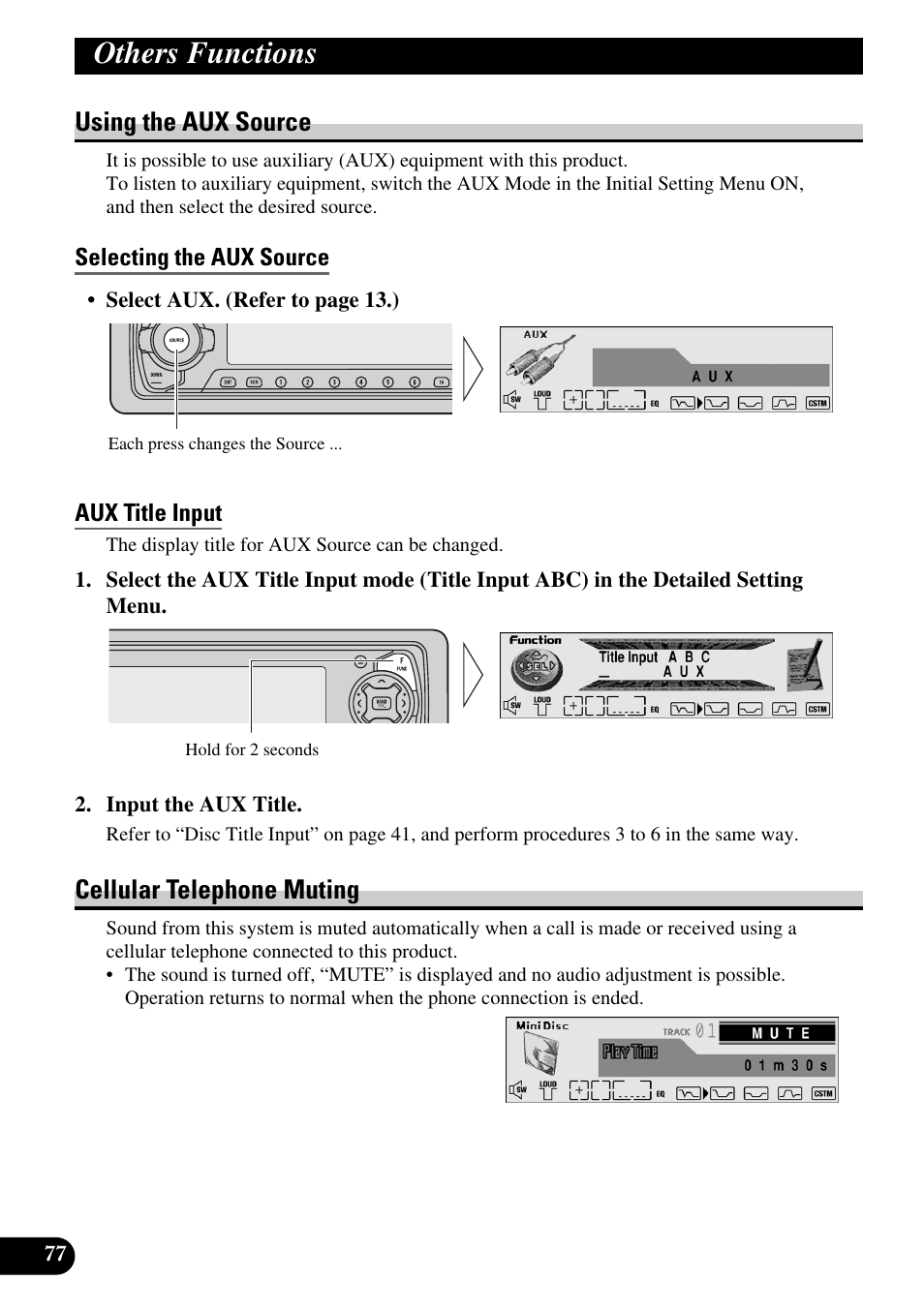Using the aux source, Selecting the aux source, Aux title input | Cellular telephone muting, A title (english) others functions | Pioneer MEH-P9100R User Manual | Page 78 / 164