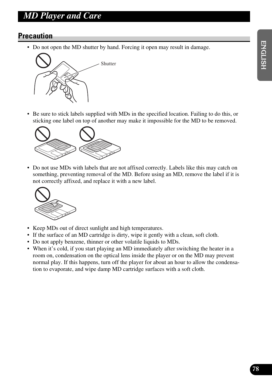 Md player and care, Precaution | Pioneer MEH-P9100R User Manual | Page 79 / 164