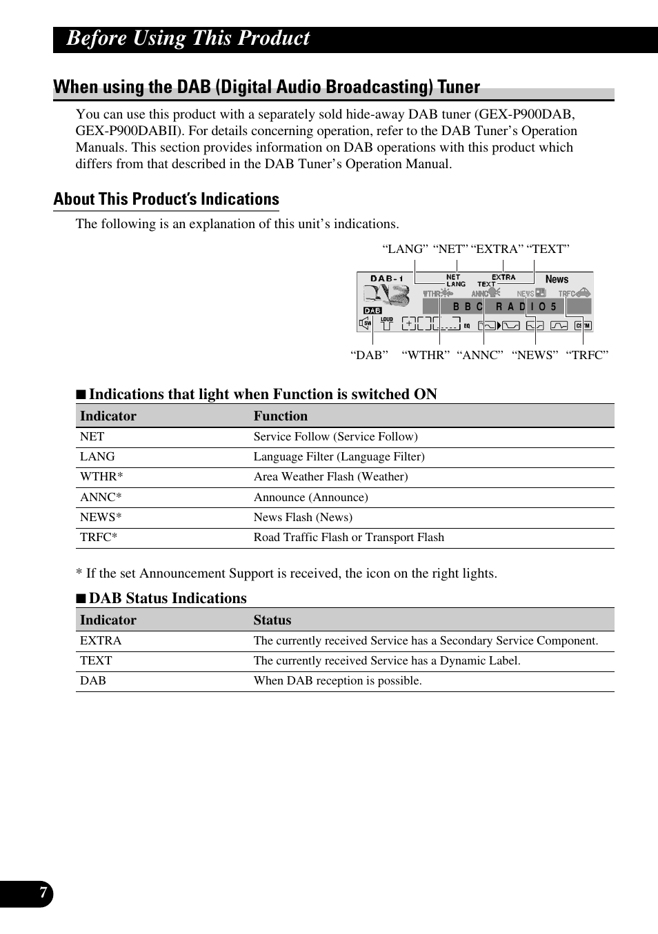 When using the dab, Digital audio broadcasting) tuner, About this product’s indications | Before using this product | Pioneer MEH-P9100R User Manual | Page 8 / 164