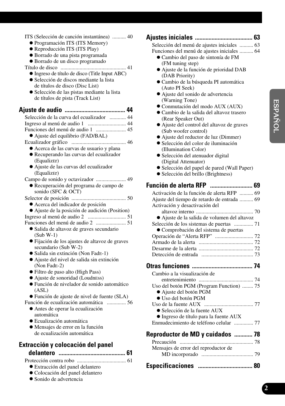 Ajuste de audio, Extracción y colocación del panel delantero, Ajustes iniciales | Función de alerta rfp, Otras funciones, Reproductor de md y cuidados | Pioneer MEH-P9100R User Manual | Page 83 / 164