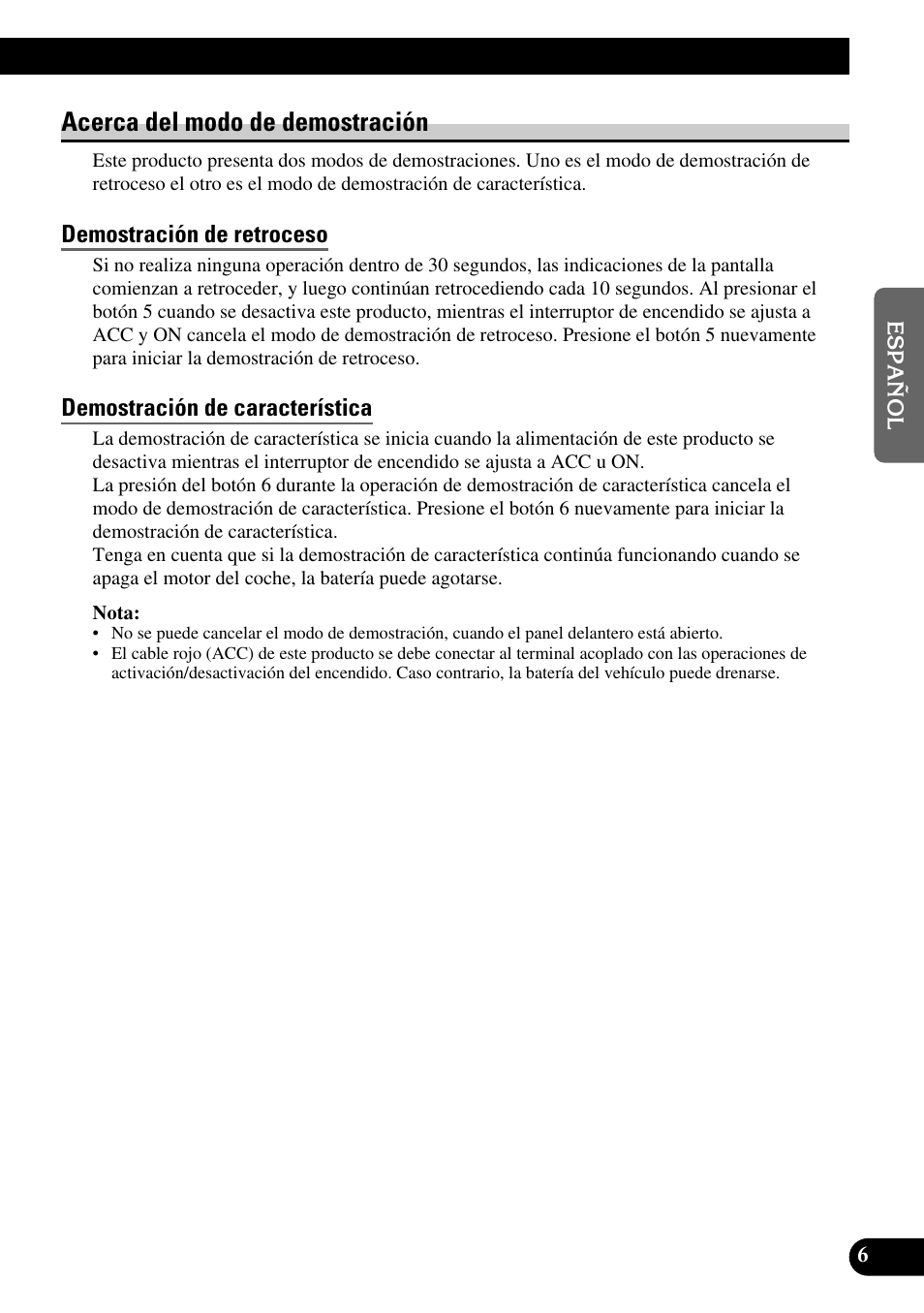 Acerca del modo de demostración, Demostración de retroceso, Demostración de característica | Pioneer MEH-P9100R User Manual | Page 87 / 164