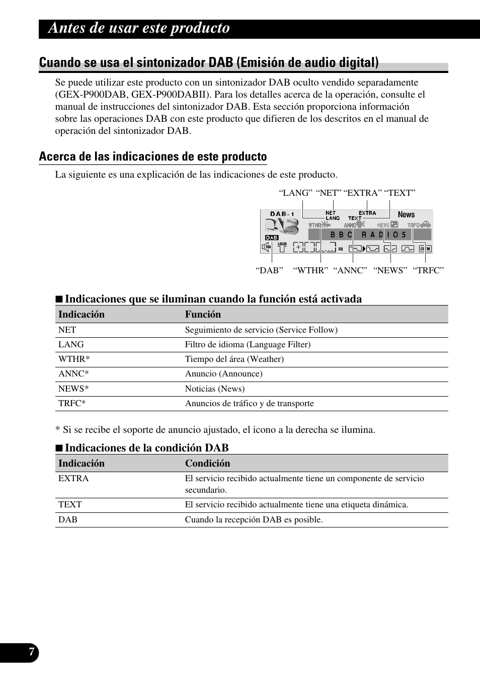 Cuando se usa el sintonizador dab, Emisión de audio digital), Acerca de las indicaciones de este producto | Antes de usar este producto | Pioneer MEH-P9100R User Manual | Page 88 / 164