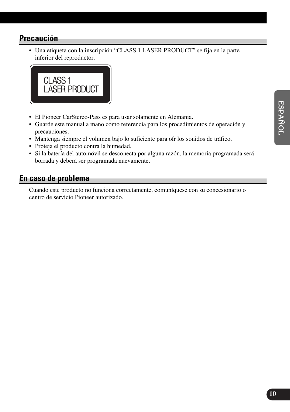 Precaución en caso de problema, Class 1 laser product, Precaución | En caso de problema | Pioneer MEH-P9100R User Manual | Page 91 / 164