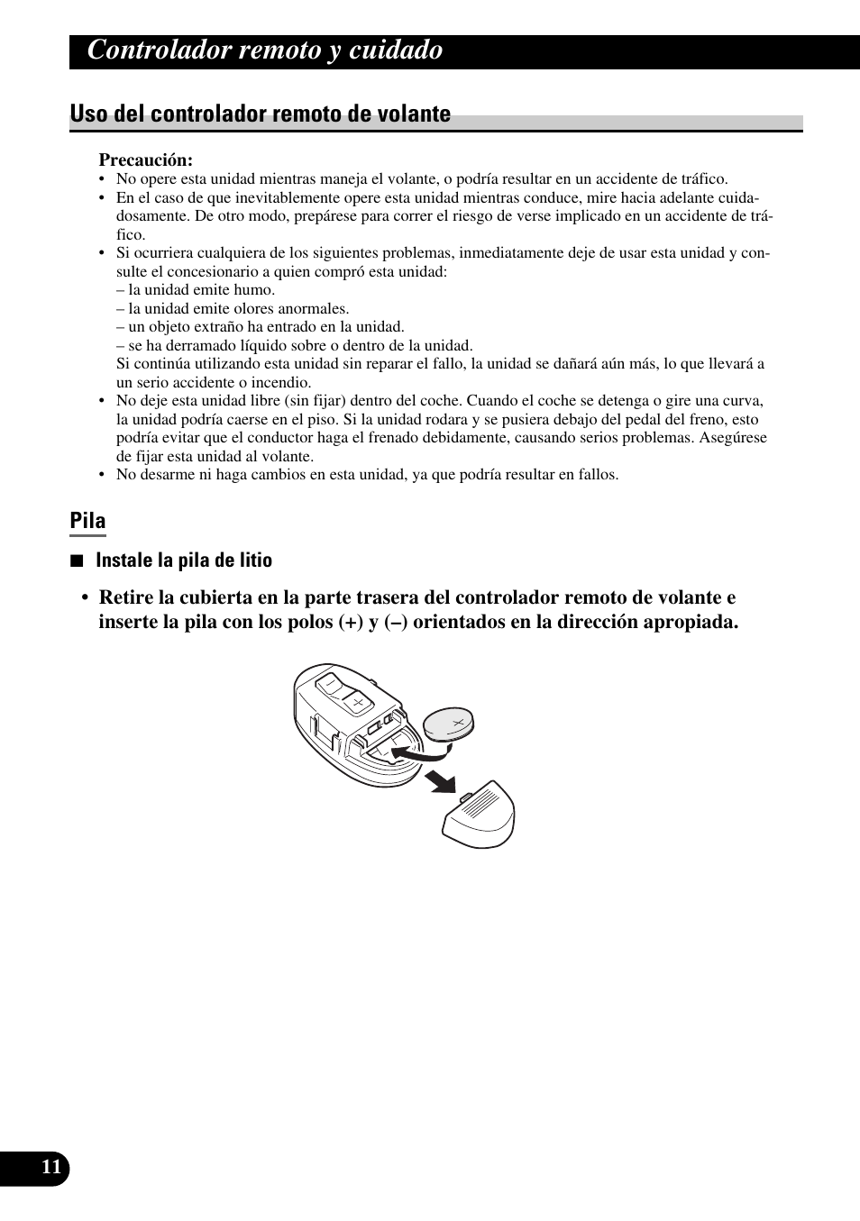 Controlador remoto y cuidado, Uso del controlador remoto de volante, Pila | Pioneer MEH-P9100R User Manual | Page 92 / 164
