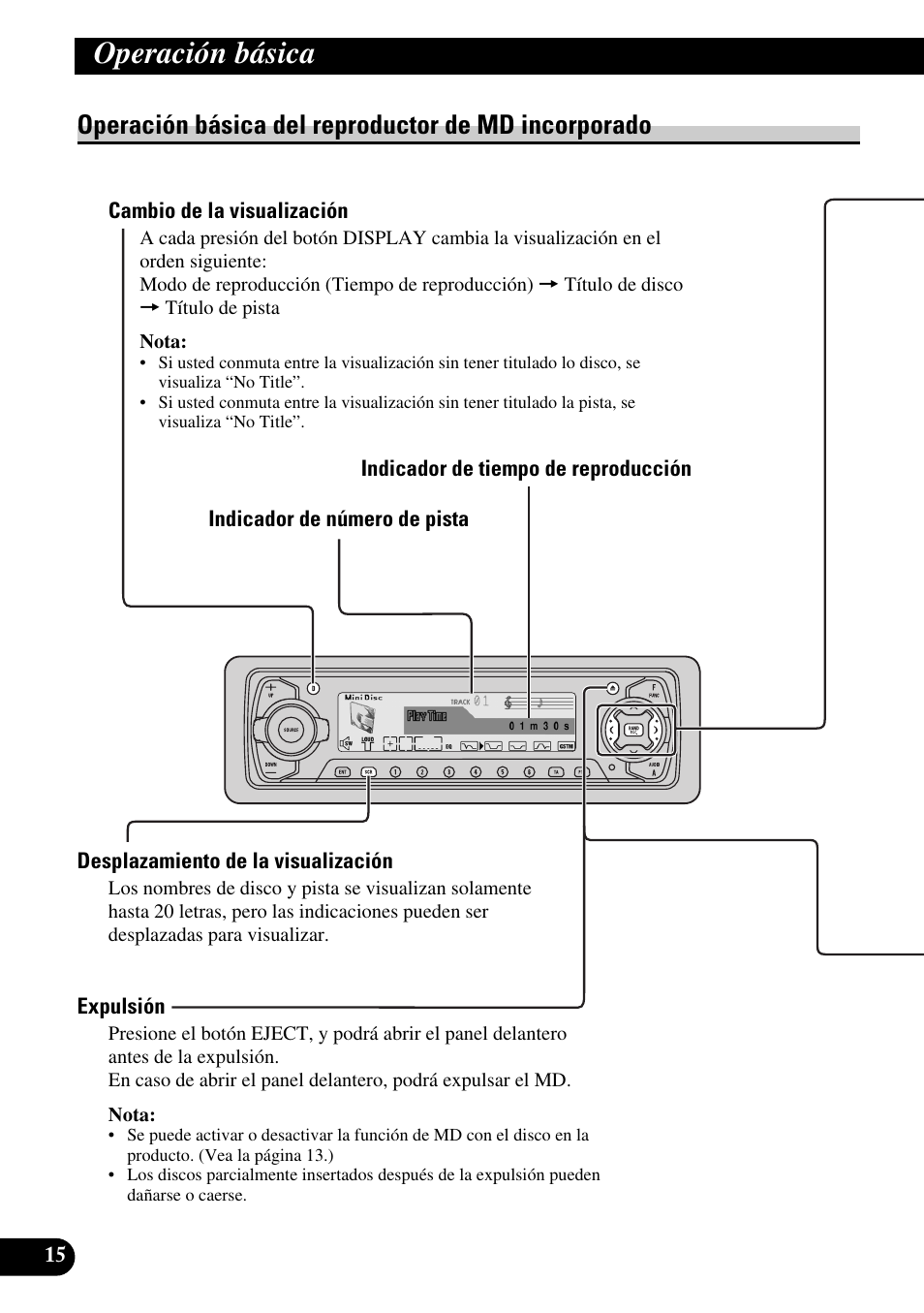 Operación básica del reproductor de, Md incorporado, Cambio de la visualización | Desplazamiento de la visualización, Expulsión, Operación básica, Operación básica del reproductor de md incorporado | Pioneer MEH-P9100R User Manual | Page 96 / 164