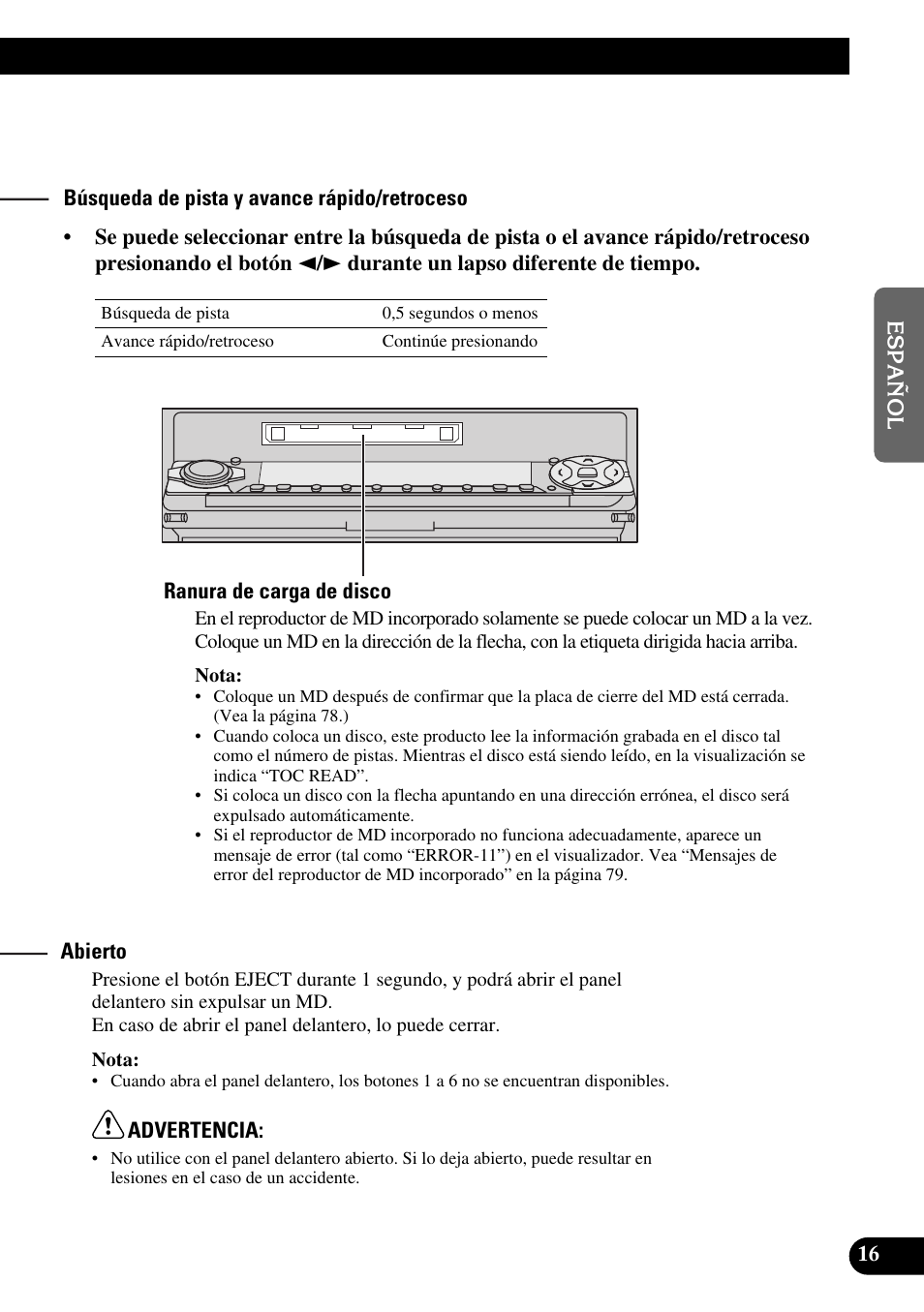Búsqueda de pista y avance rápido/retroceso, Ranura de carga de disco, Abierto | Pioneer MEH-P9100R User Manual | Page 97 / 164