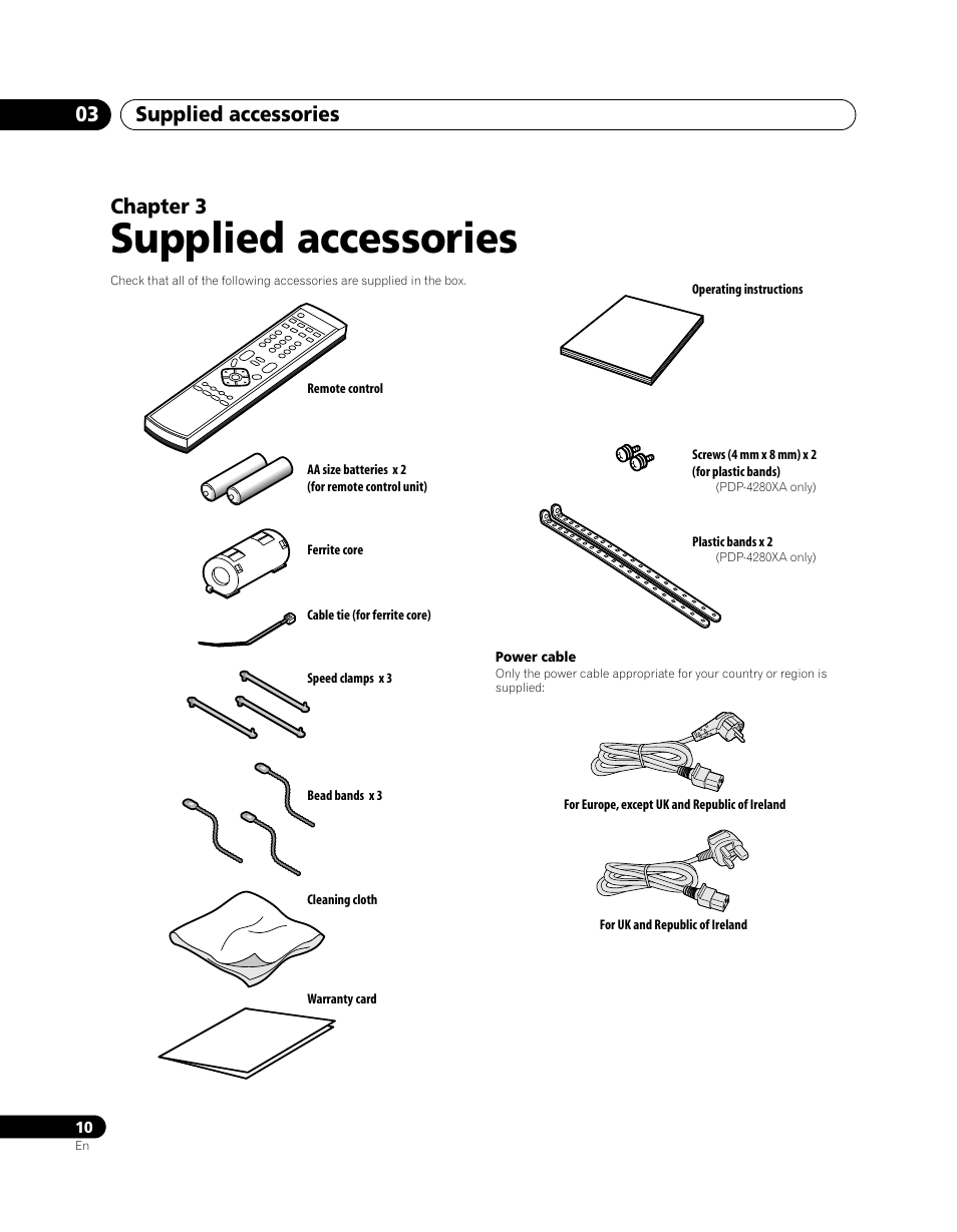 03 supplied accessories, Supplied accessories, Supplied accessories 03 | Chapter 3 | Pioneer PDP-5080XA User Manual | Page 10 / 362
