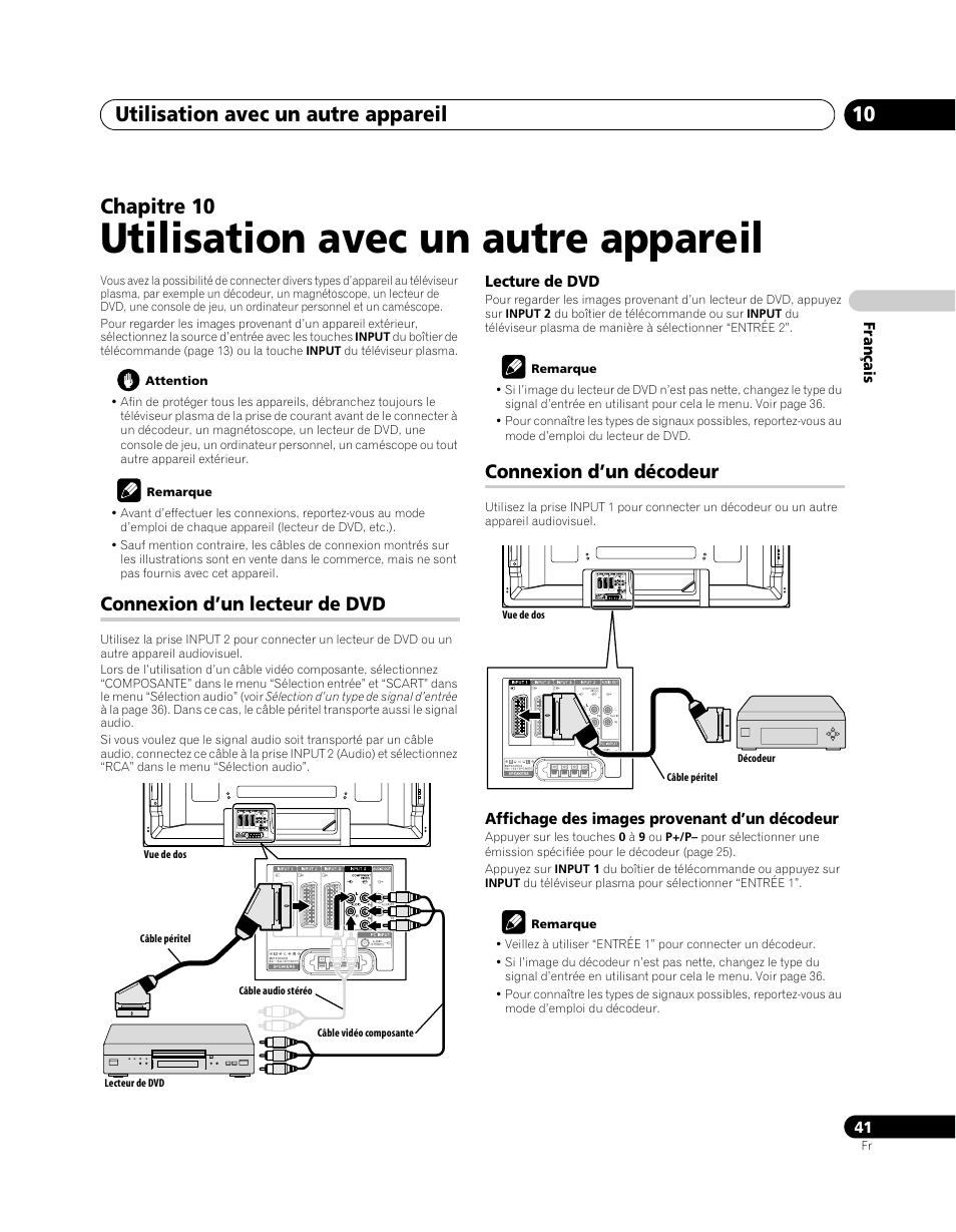 10 utilisation avec un autre appareil, Connexion d’un lecteur de dvd, Connexion d’un décodeur | Utilisation avec un autre appareil, Utilisation avec un autre appareil 10, Chapitre 10 | Pioneer PDP-5080XA User Manual | Page 101 / 362