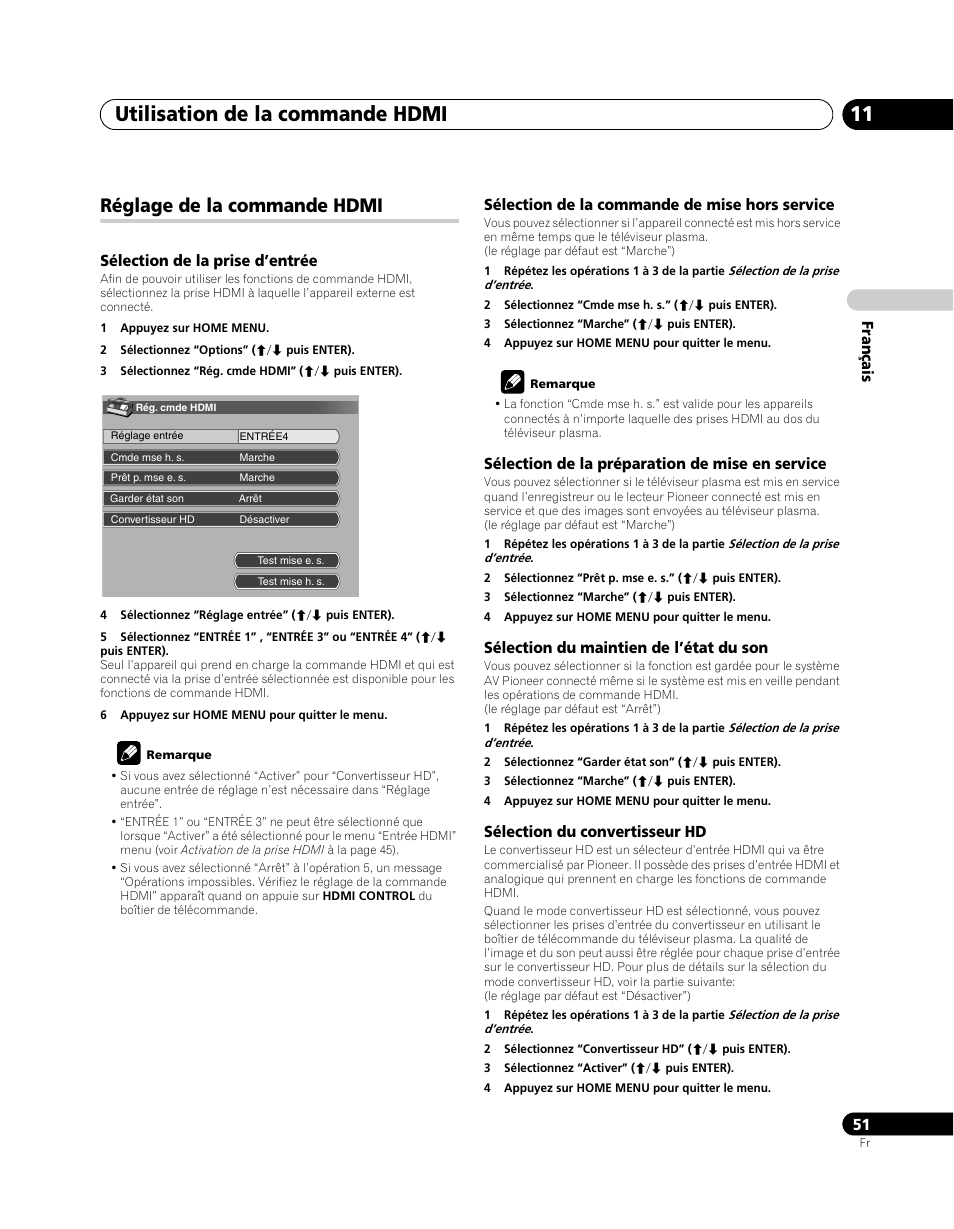 Réglage de la commande hdmi, Utilisation de la commande hdmi 11 | Pioneer PDP-5080XA User Manual | Page 111 / 362