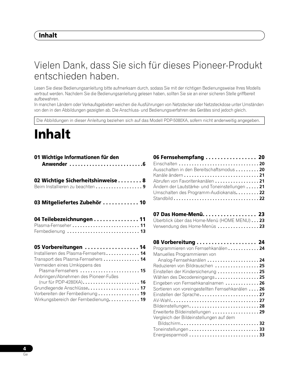 Plasma-fernseher, Inhalt | Pioneer PDP-5080XA User Manual | Page 124 / 362