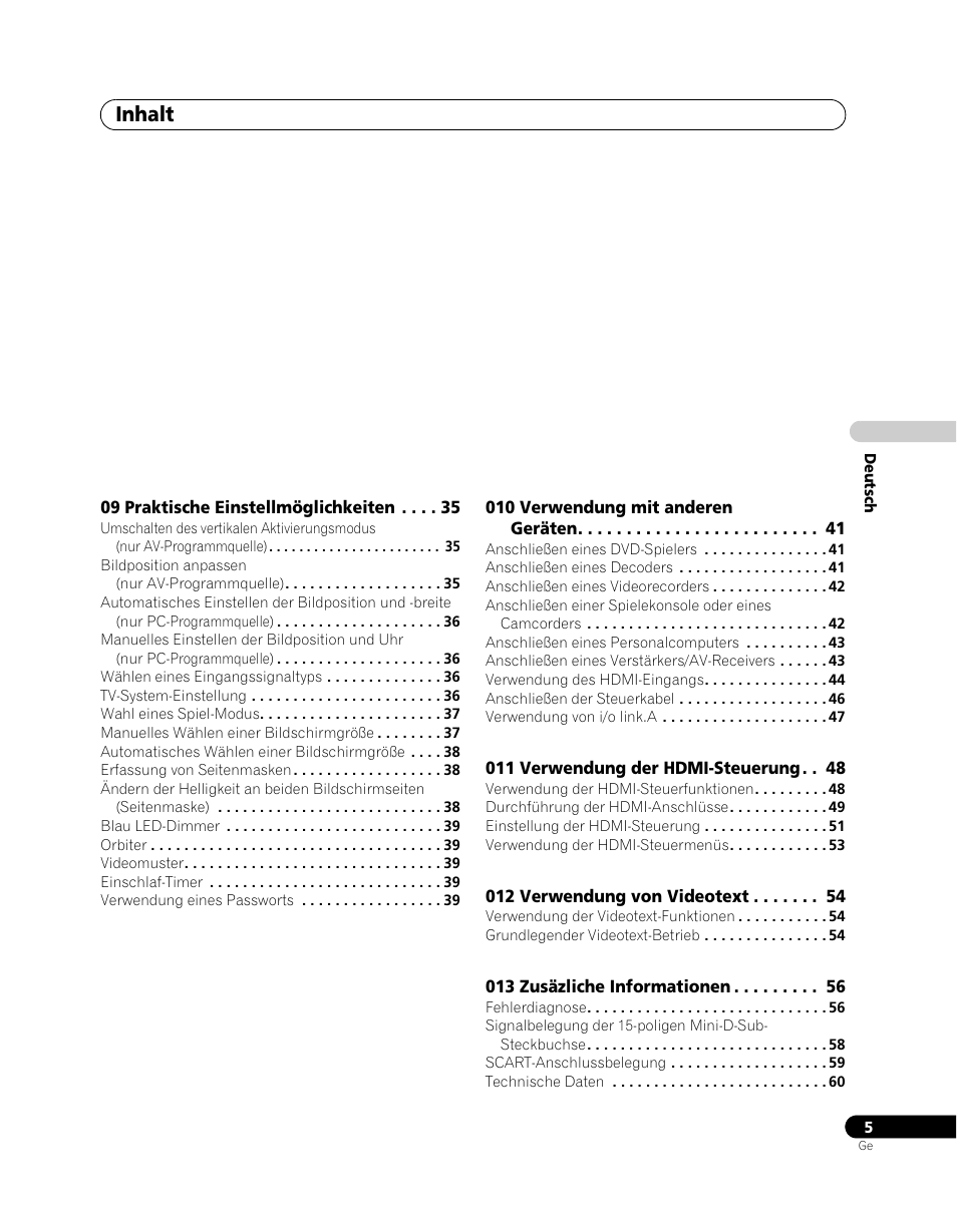 Inhalt | Pioneer PDP-5080XA User Manual | Page 125 / 362
