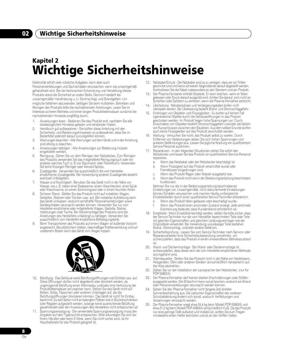 02 wichtige sicherheitshinweise, Wichtige sicherheitshinweise, Wichtige sicherheitshinweise 02 | Kapitel 2 | Pioneer PDP-5080XA User Manual | Page 128 / 362