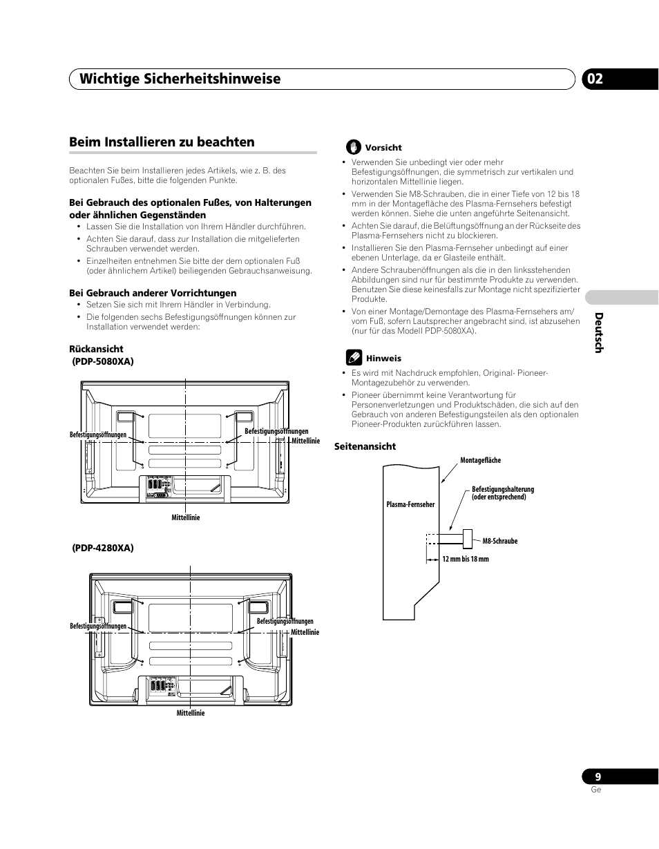 Beim installieren zu beachten, Wichtige sicherheitshinweise 02 | Pioneer PDP-5080XA User Manual | Page 129 / 362