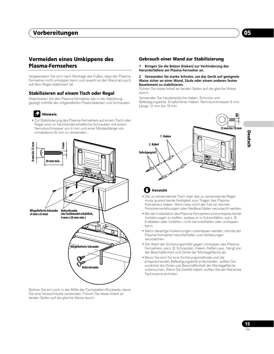 Vermeiden eines umkippens des, Plasma-fernsehers, Vorbereitungen 05 | Vermeiden eines umkippens des plasma-fernsehers | Pioneer PDP-5080XA User Manual | Page 135 / 362