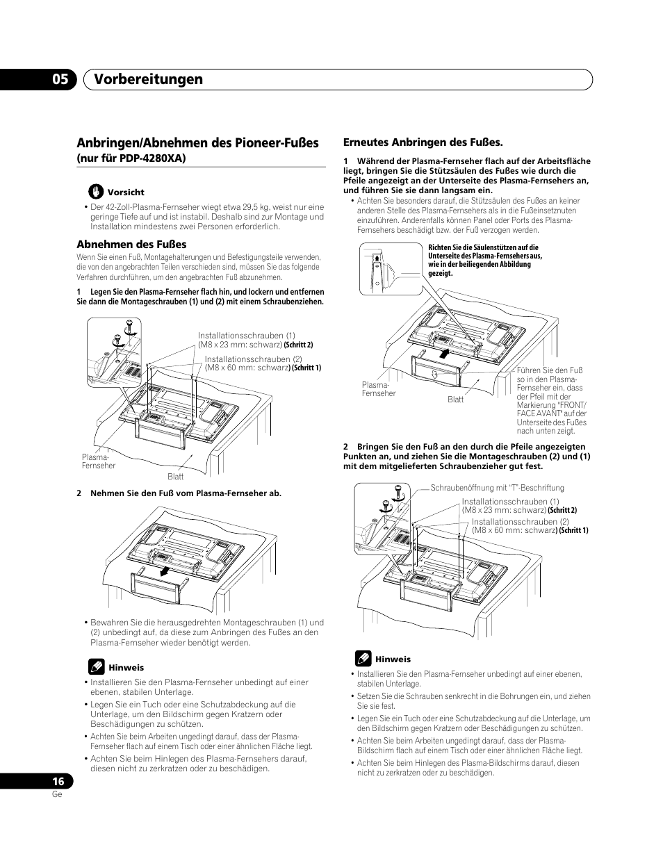 Anbringen/abnehmen des pioneer-fußes, Nur für pdp-4280xa), Vorbereitungen 05 | Pioneer PDP-5080XA User Manual | Page 136 / 362