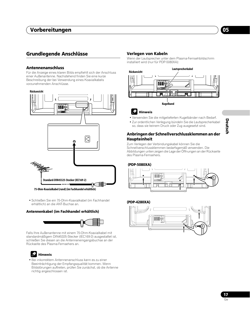 Grundlegende anschlüsse, Vorbereitungen 05 | Pioneer PDP-5080XA User Manual | Page 137 / 362
