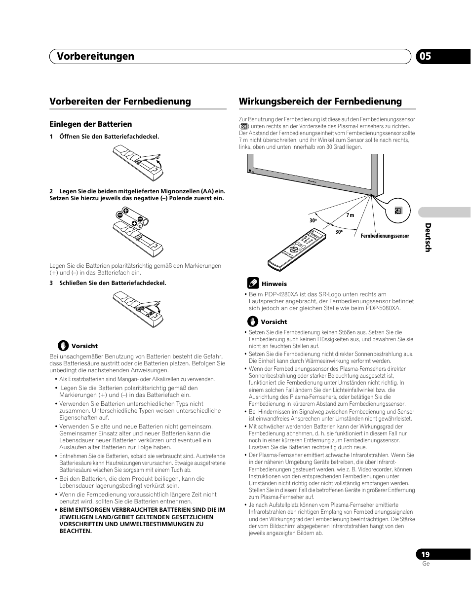 Vorbereiten der fernbedienung, Wirkungsbereich der fernbedienung, Vorbereitungen 05 | Pioneer PDP-5080XA User Manual | Page 139 / 362