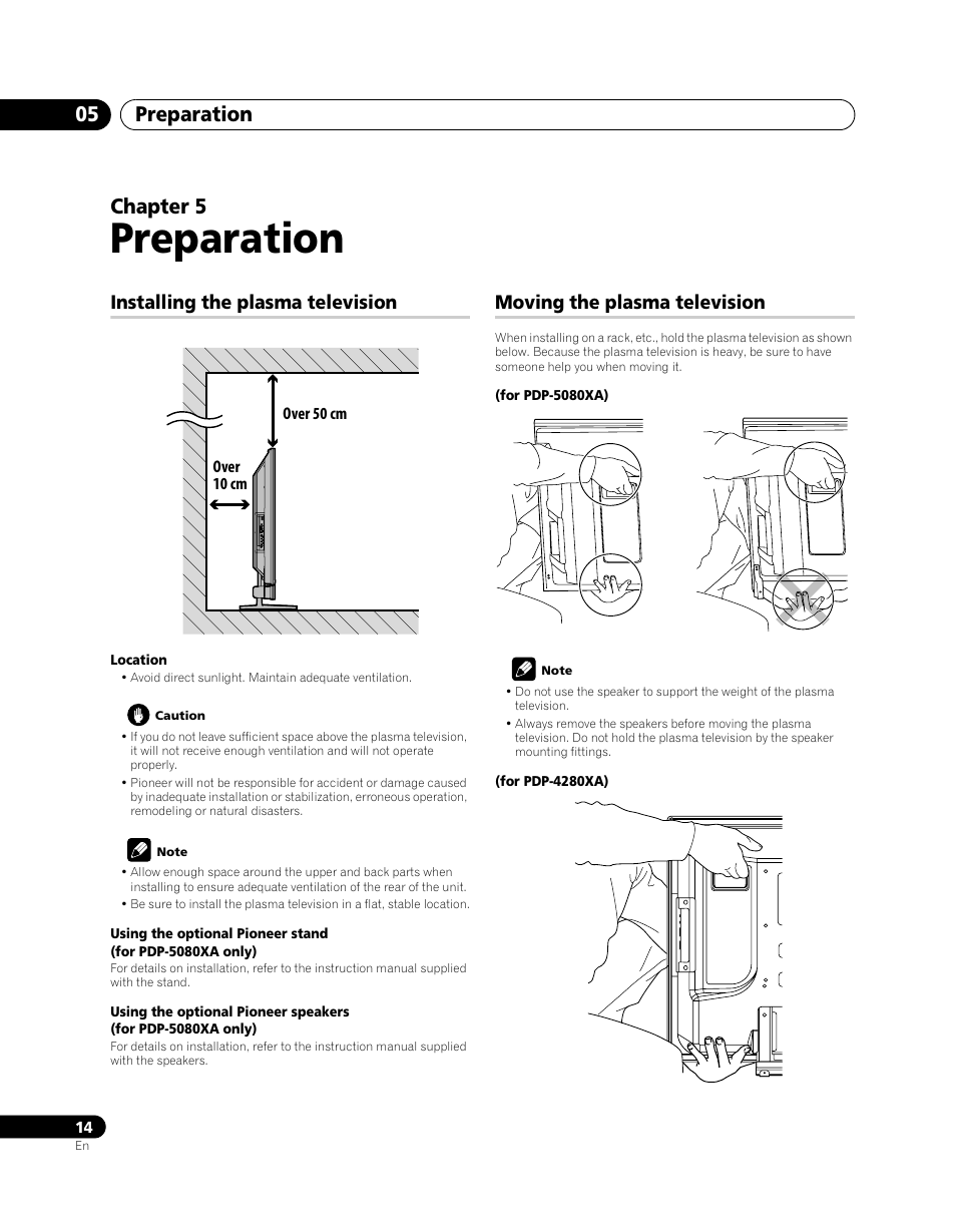 05 preparation, Installing the plasma television, Moving the plasma television | Preparation, Preparation 05, Chapter 5 | Pioneer PDP-5080XA User Manual | Page 14 / 362