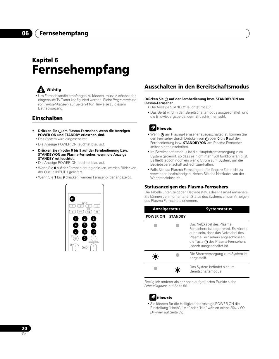 06 fernsehempfang, Einschalten, Ausschalten in den bereitschaftsmodus | Fernsehempfang, Fernsehempfang 06, Kapitel 6 | Pioneer PDP-5080XA User Manual | Page 140 / 362