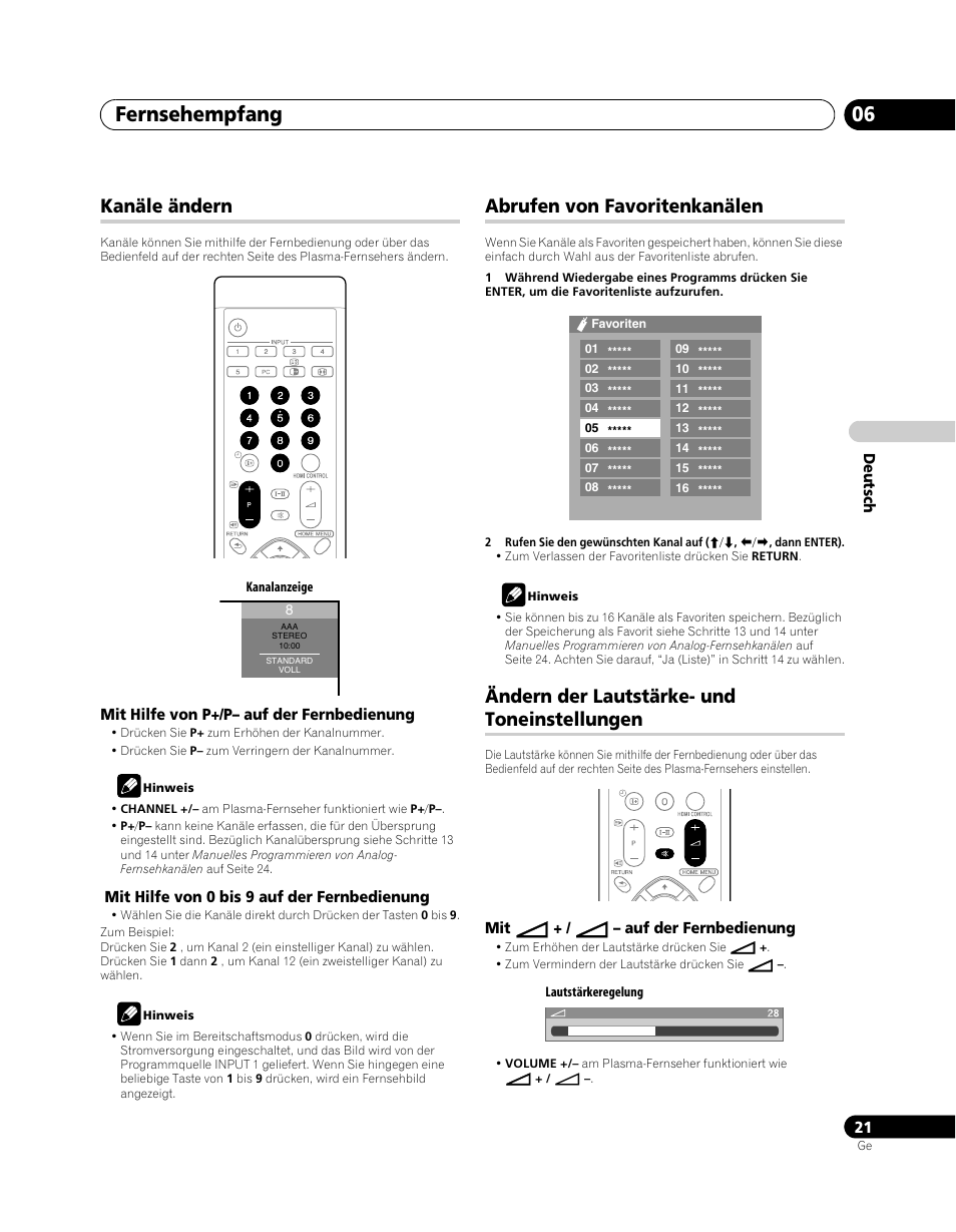 Kanäle ändern, Abrufen von favoritenkanälen, Ändern der lautstärke- und toneinstellungen | Fernsehempfang 06 | Pioneer PDP-5080XA User Manual | Page 141 / 362
