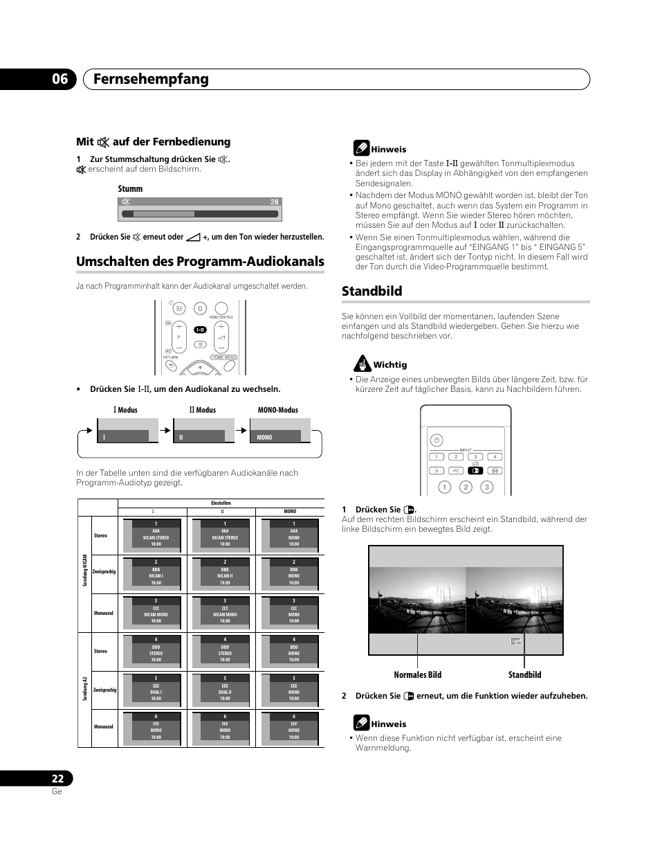 Umschalten des programm-audiokanals, Standbild, Fernsehempfang 06 | Mit e auf der fernbedienung, Stumm, Normales bild standbild | Pioneer PDP-5080XA User Manual | Page 142 / 362