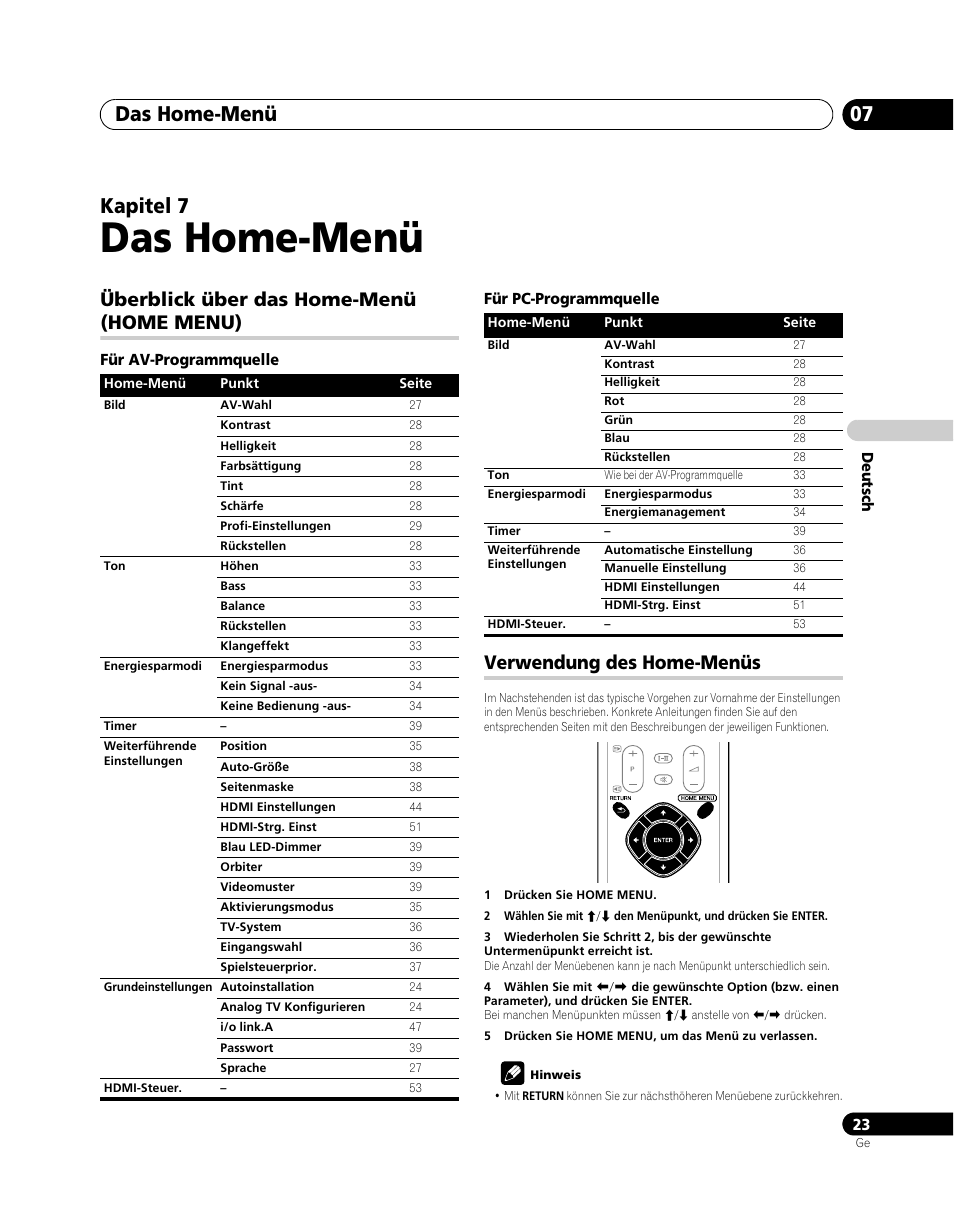 07 das home-menü, Überblick über das home-menü (home menu), Verwendung des home-menüs | Das home-menü, Das home-menü 07, Kapitel 7 | Pioneer PDP-5080XA User Manual | Page 143 / 362