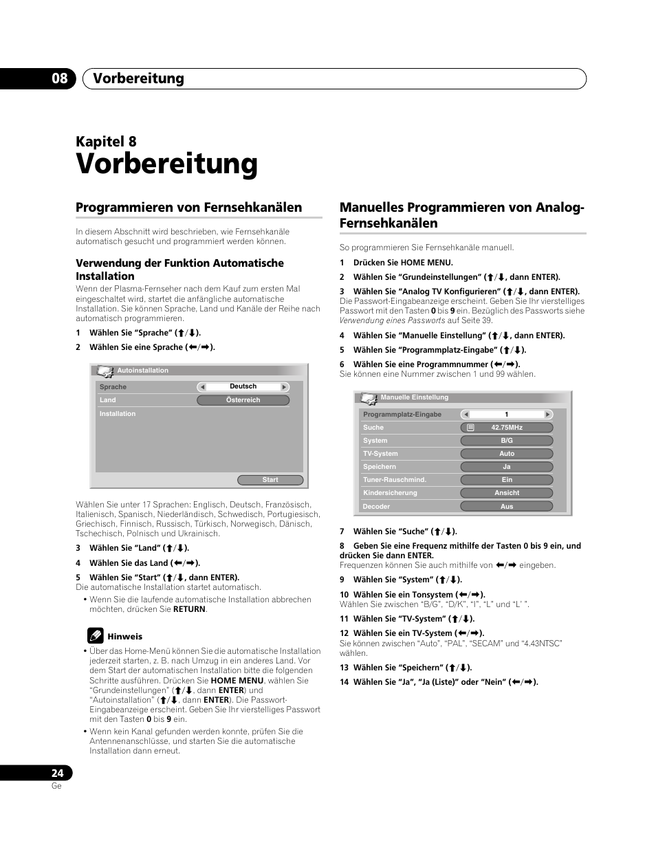 08 vorbereitung, Programmieren von fernsehkanälen, Manuelles programmieren von | Analog-fernsehkanälen, Vorbereitung, Vorbereitung 08, Kapitel 8, Manuelles programmieren von analog- fernsehkanälen | Pioneer PDP-5080XA User Manual | Page 144 / 362