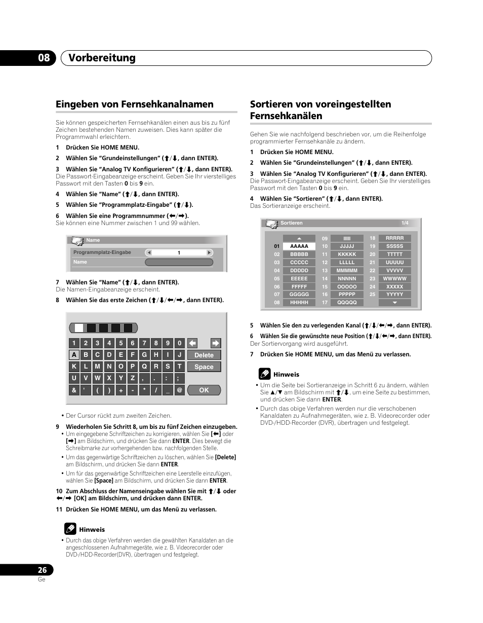 Eingeben von fernsehkanalnamen, Sortieren von voreingestellten fernsehkanälen, Vorbereitung 08 | Pioneer PDP-5080XA User Manual | Page 146 / 362