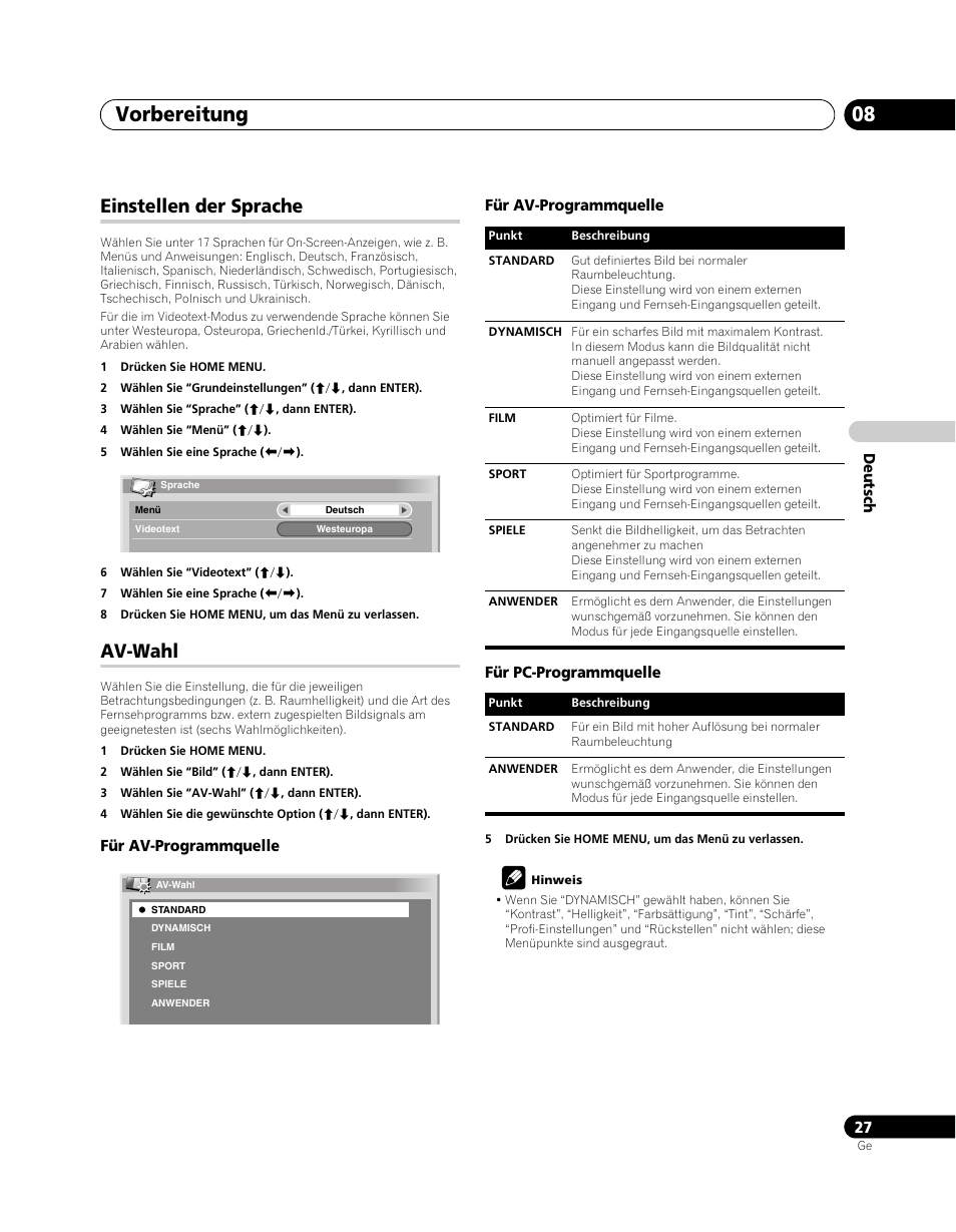 Einstellen der sprache, Av-wahl, Vorbereitung 08 | Pioneer PDP-5080XA User Manual | Page 147 / 362