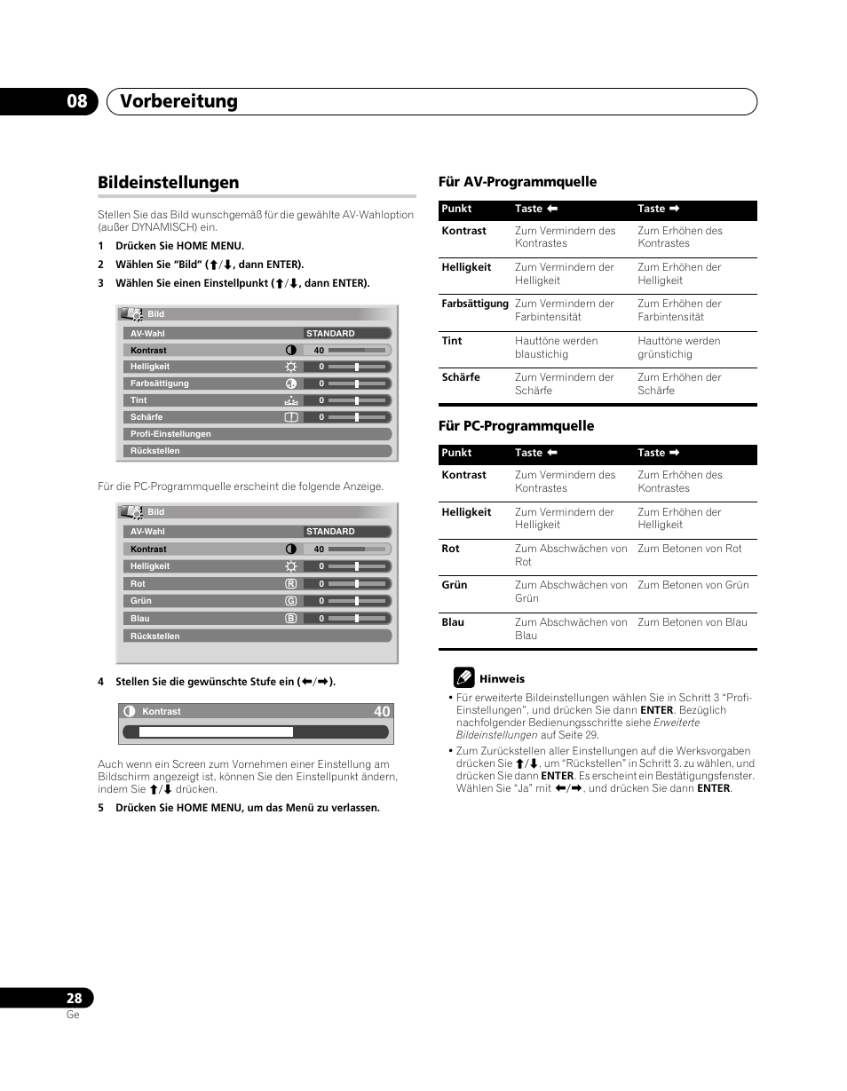 Bildeinstellungen, Vorbereitung 08, Für av-programmquelle für pc-programmquelle | Pioneer PDP-5080XA User Manual | Page 148 / 362