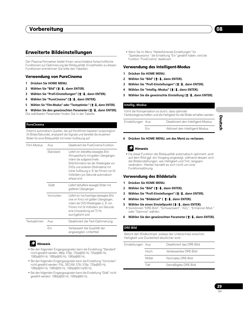 Erweiterte bildeinstellungen, Vorbereitung 08 | Pioneer PDP-5080XA User Manual | Page 149 / 362